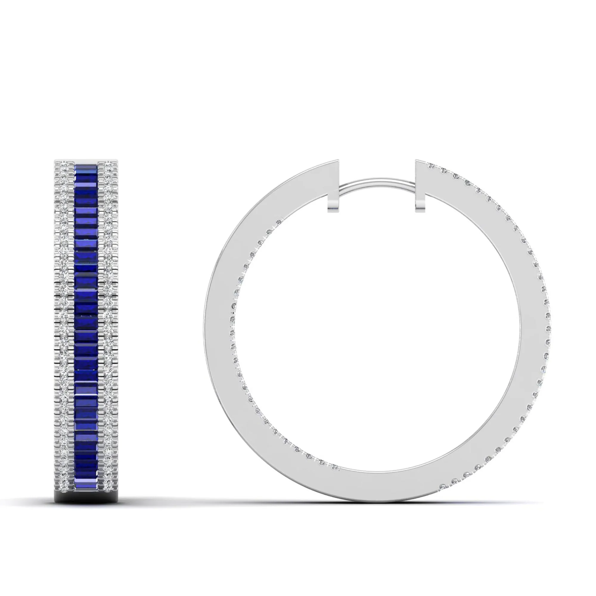 Three Row Channel Set Baguette Sapphire and Diamond Hoop Earrings