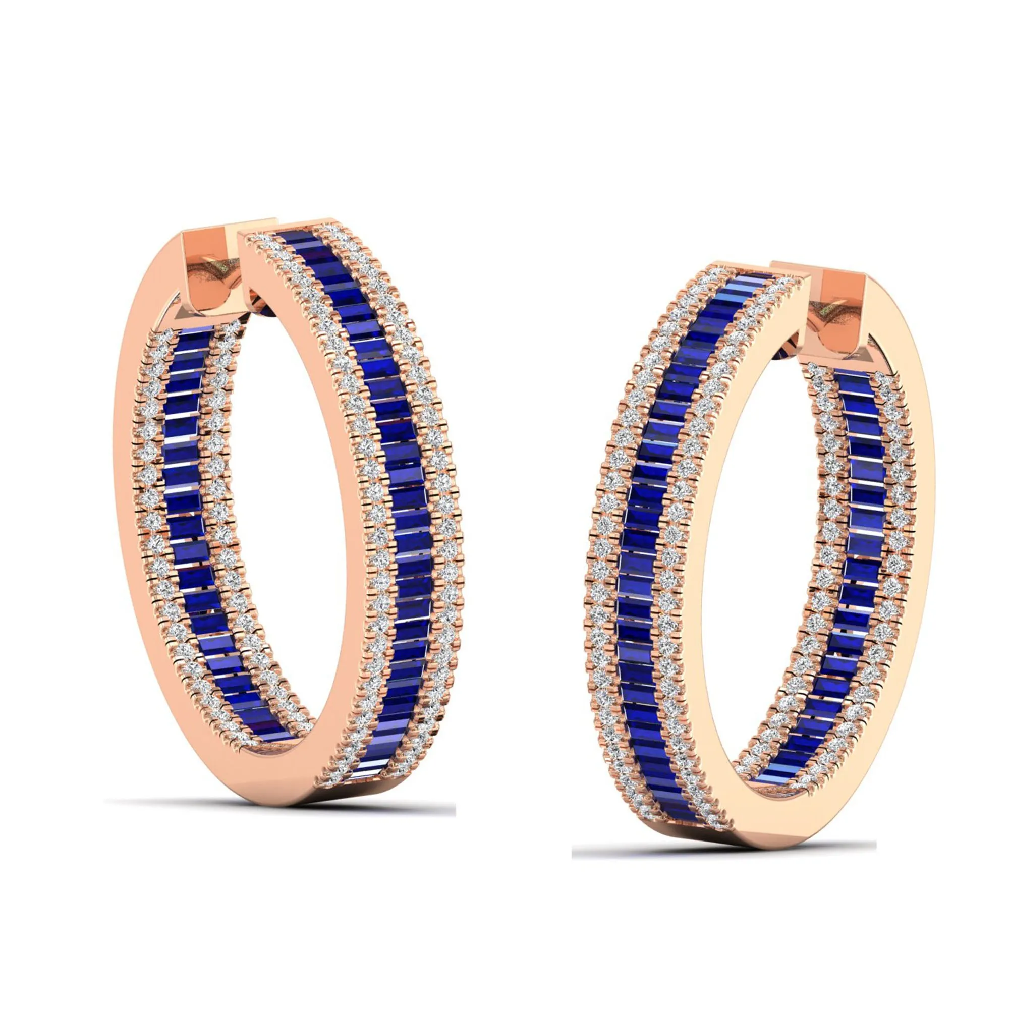 Three Row Channel Set Baguette Sapphire and Diamond Hoop Earrings