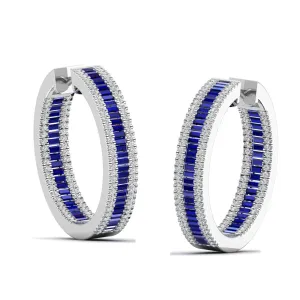 Three Row Channel Set Baguette Sapphire and Diamond Hoop Earrings