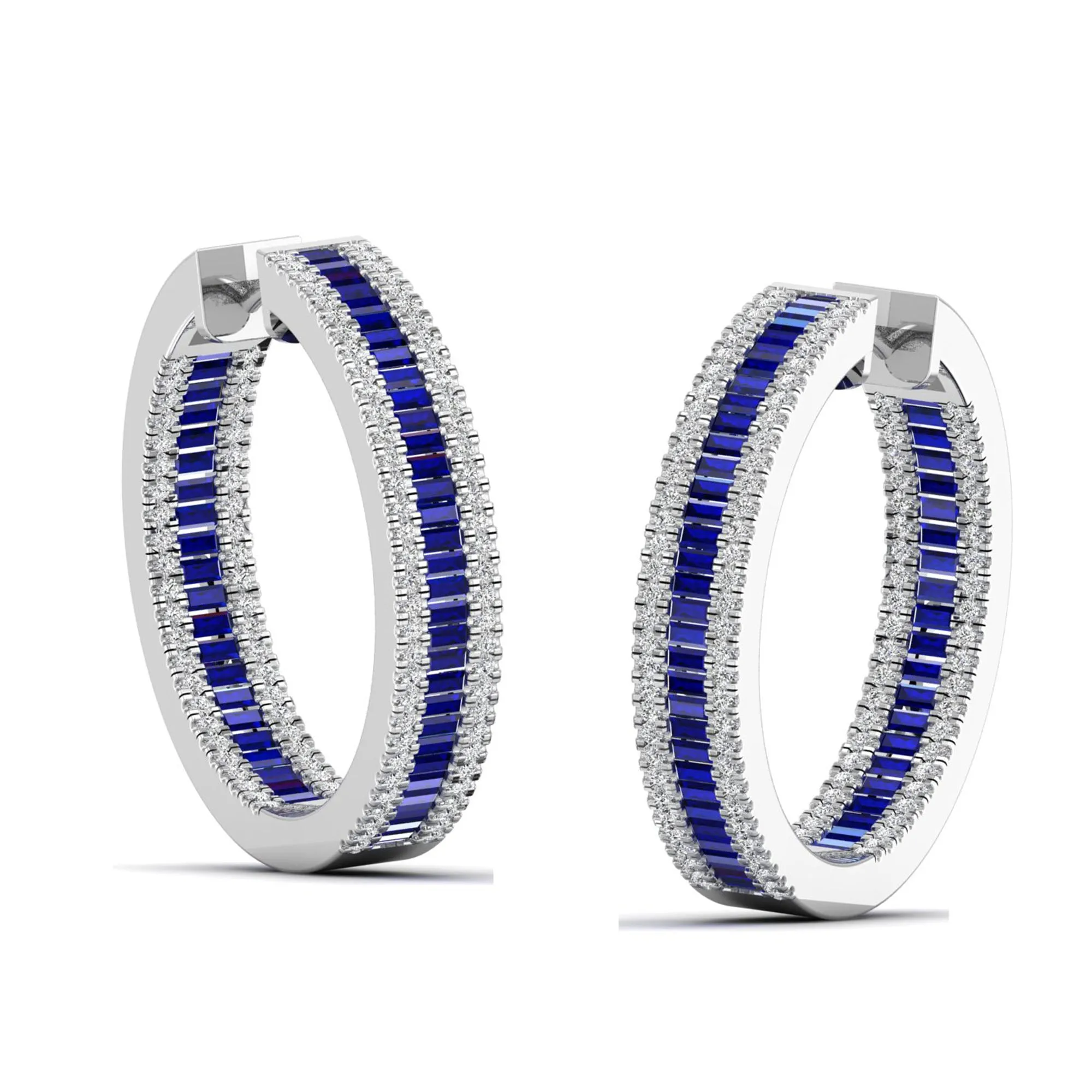 Three Row Channel Set Baguette Sapphire and Diamond Hoop Earrings