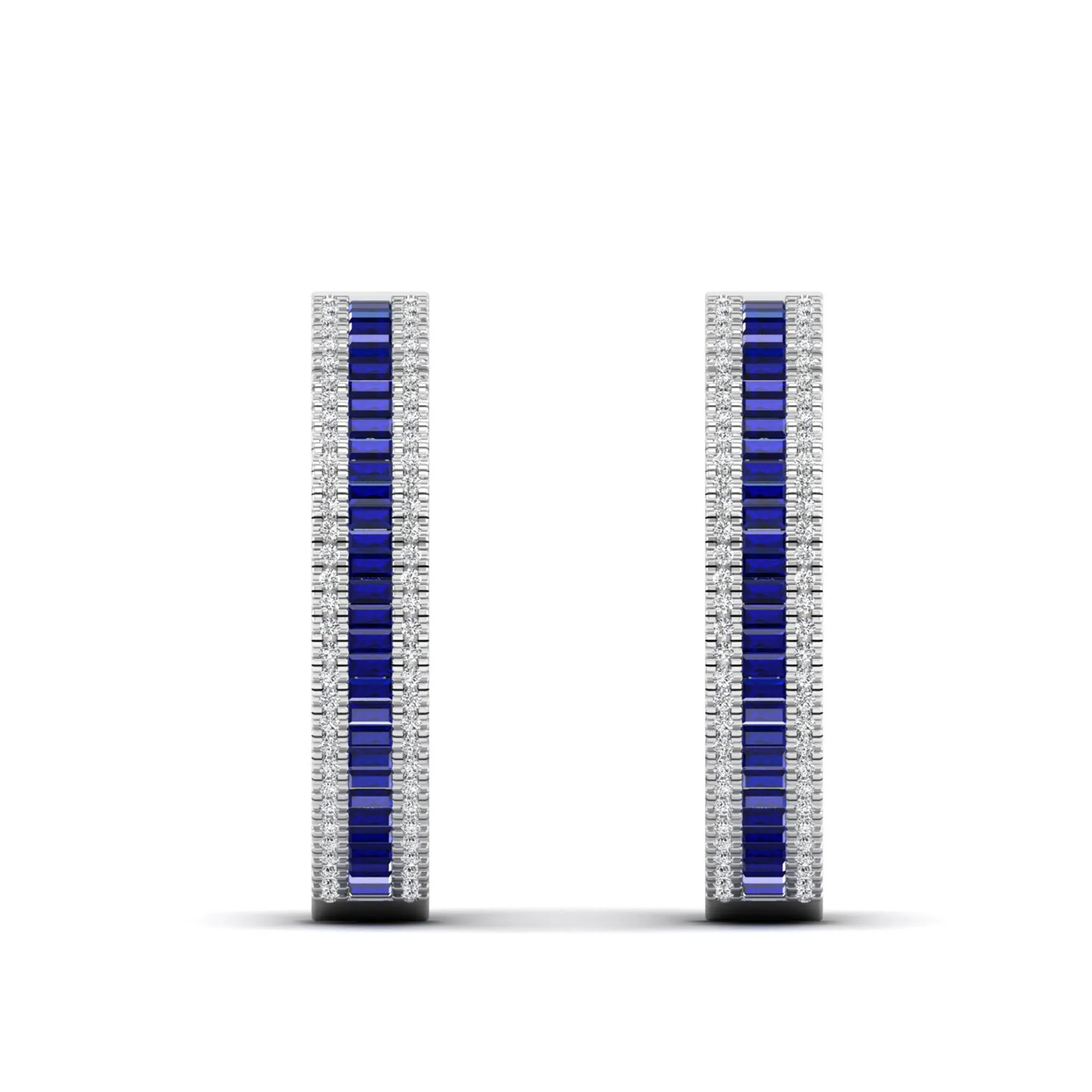 Three Row Channel Set Baguette Sapphire and Diamond Hoop Earrings