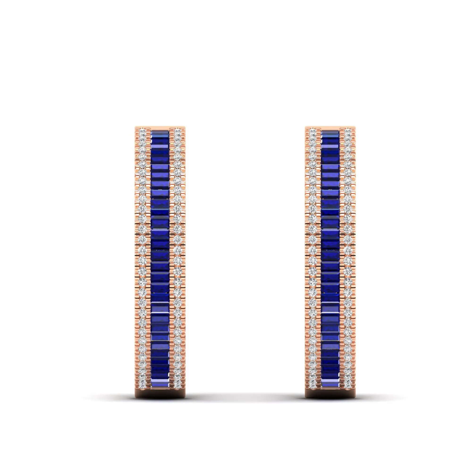 Three Row Channel Set Baguette Sapphire and Diamond Hoop Earrings