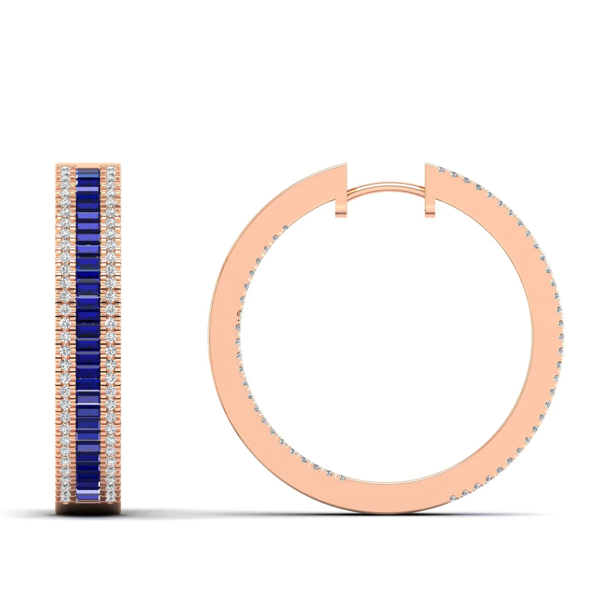 Three Row Channel Set Baguette Sapphire and Diamond Hoop Earrings