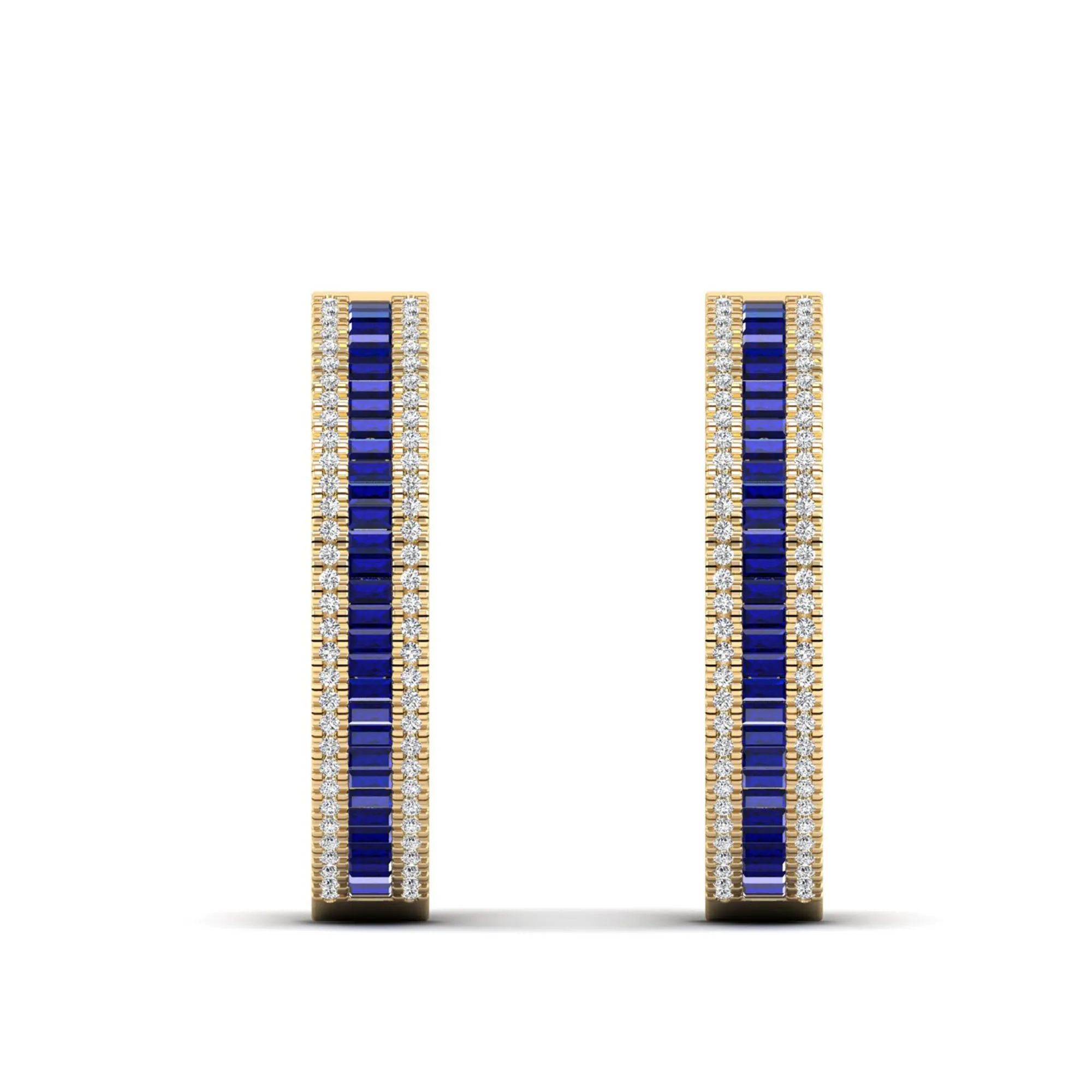 Three Row Channel Set Baguette Sapphire and Diamond Hoop Earrings
