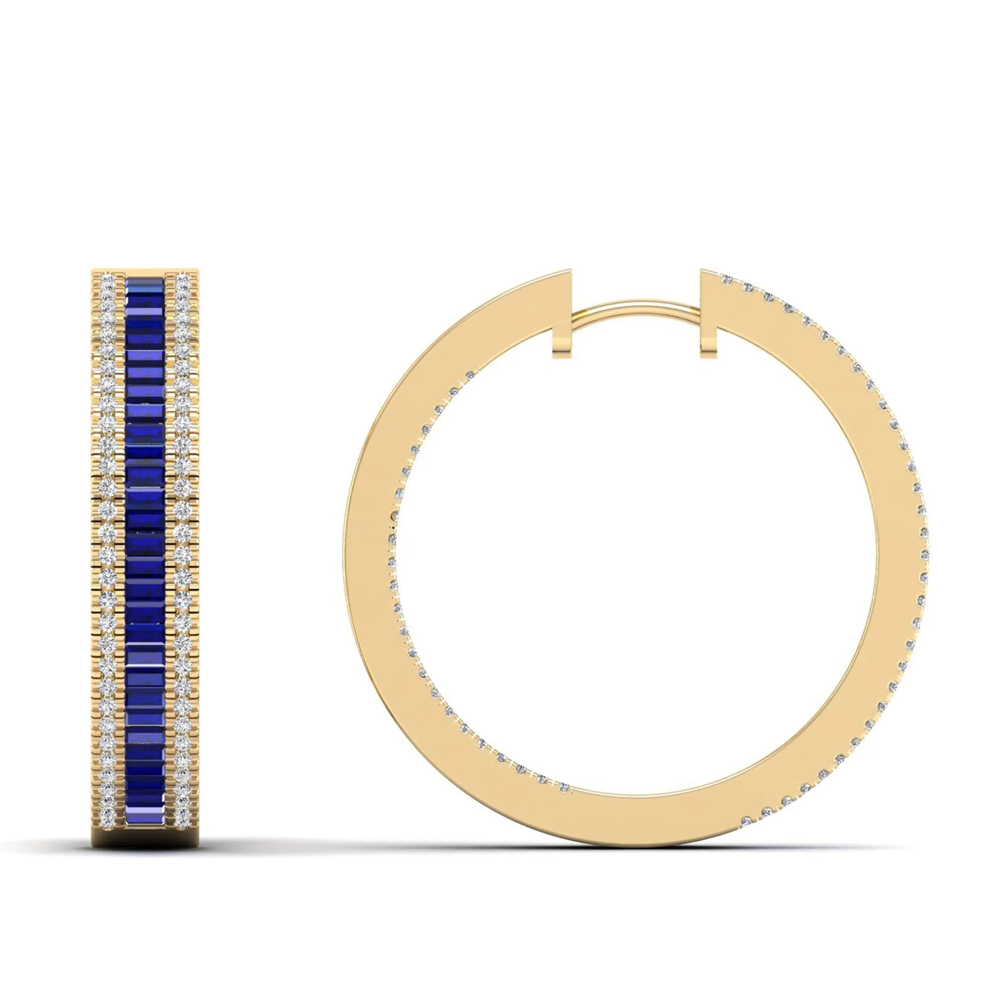 Three Row Channel Set Baguette Sapphire and Diamond Hoop Earrings