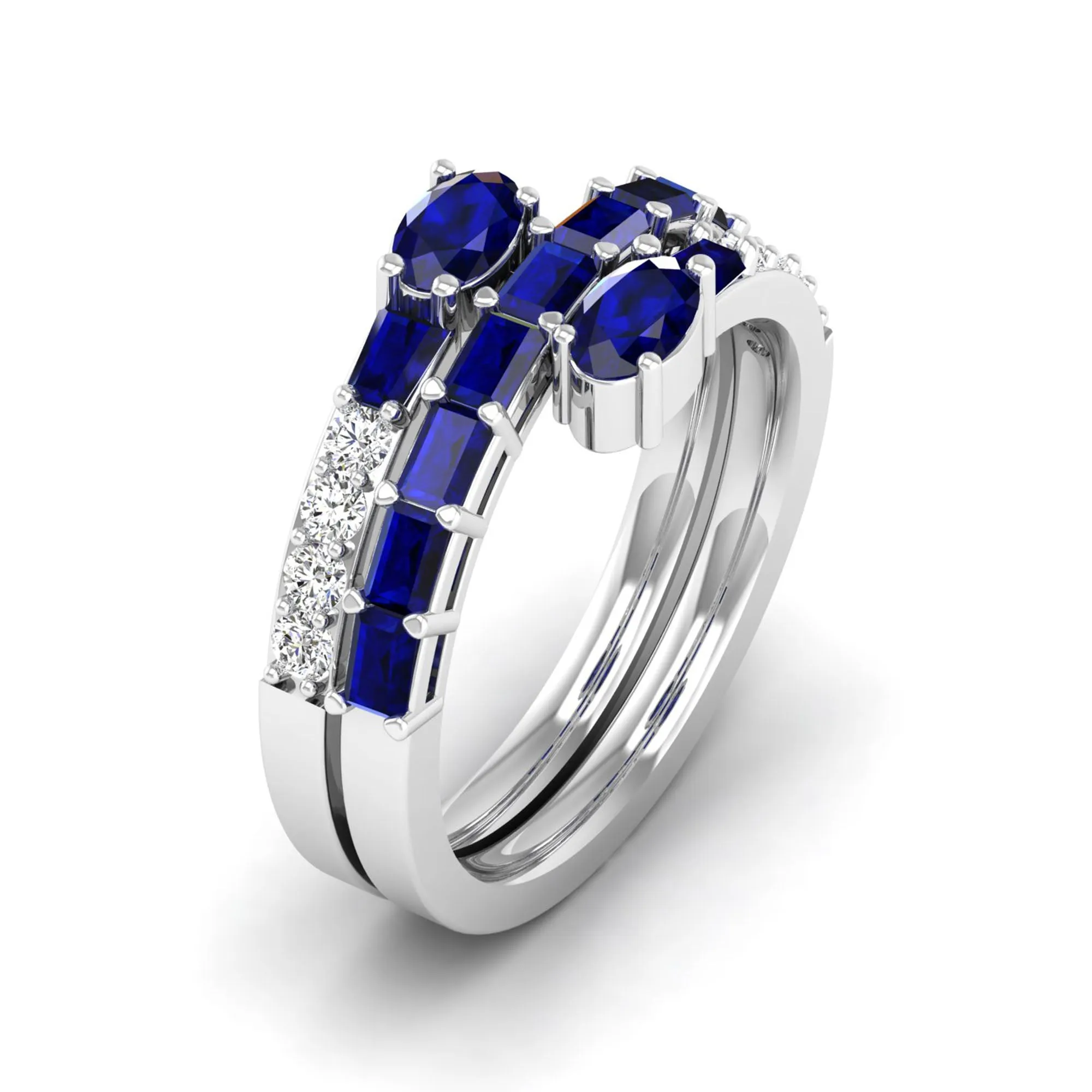 Three Row Oval and Baguette Sapphire and Diamond Spiral Ring