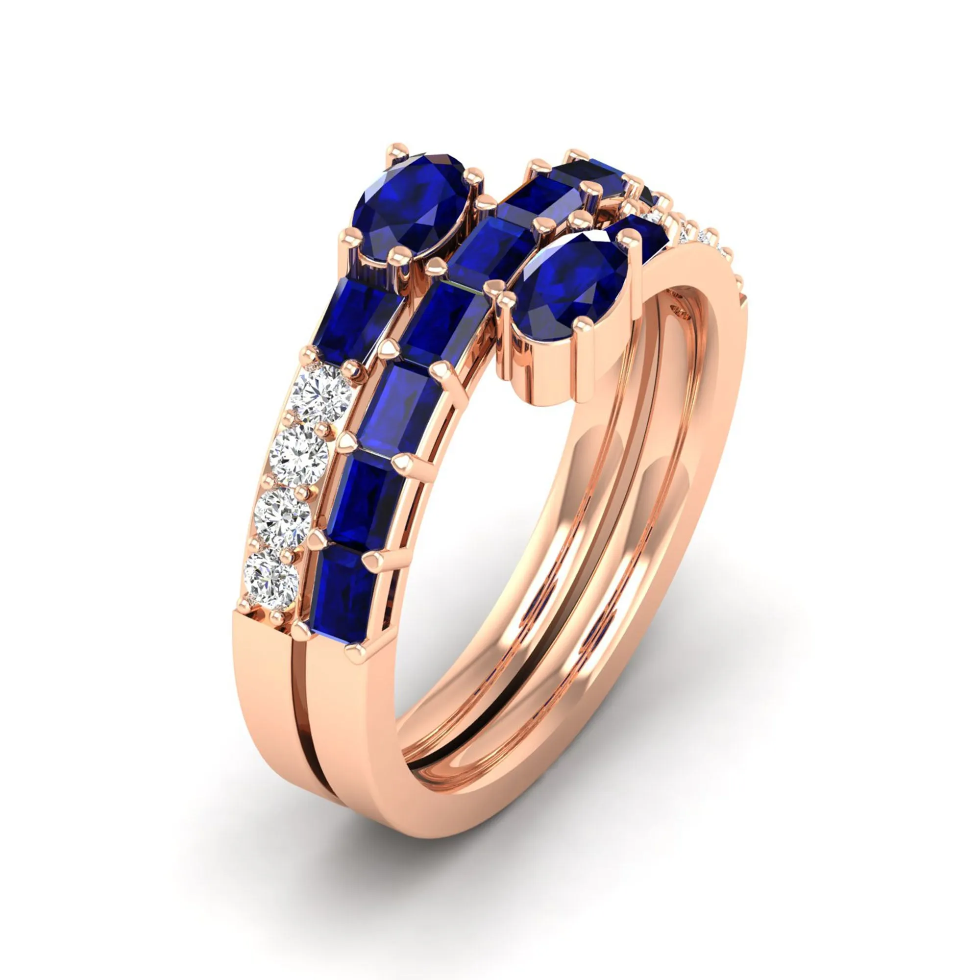Three Row Oval and Baguette Sapphire and Diamond Spiral Ring