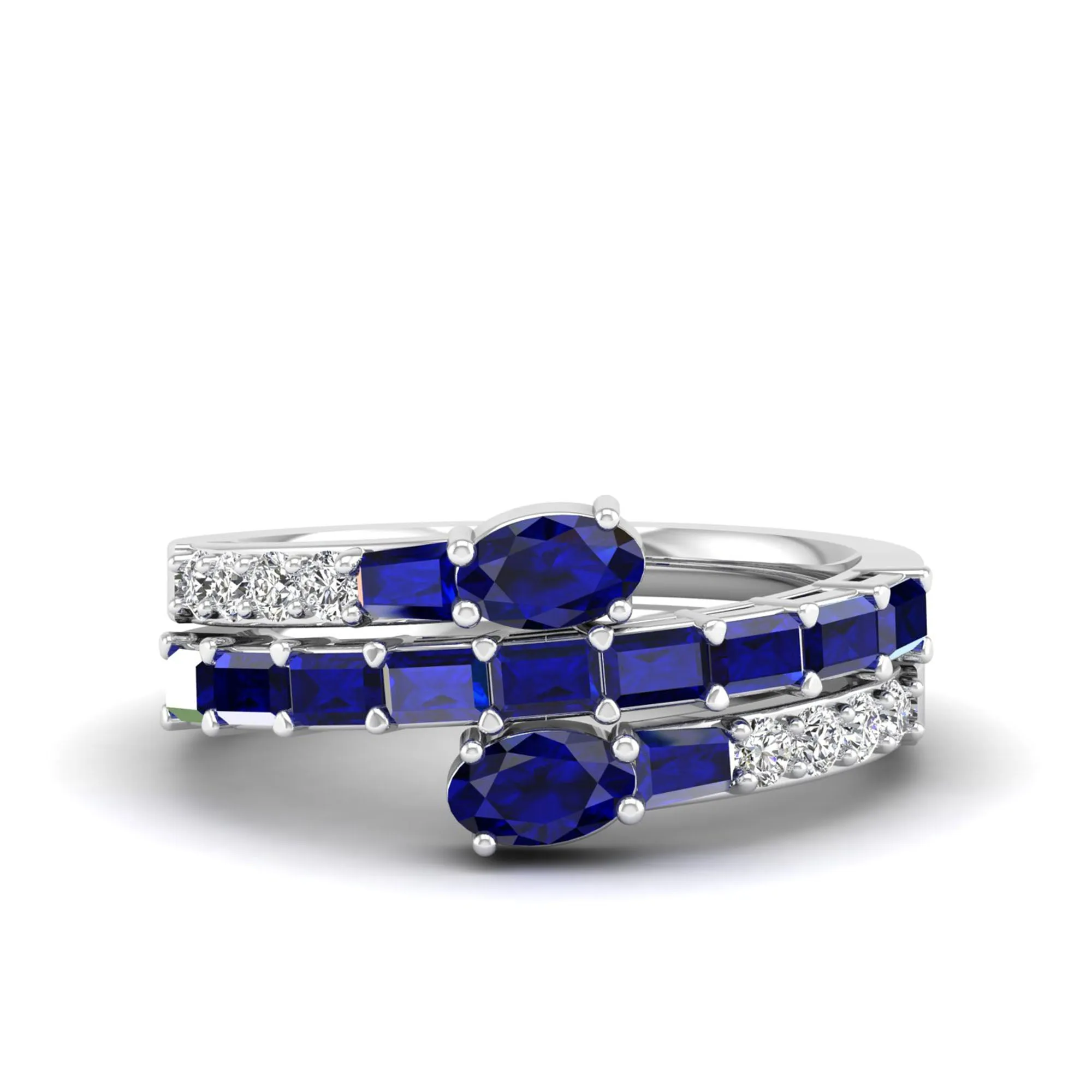 Three Row Oval and Baguette Sapphire and Diamond Spiral Ring