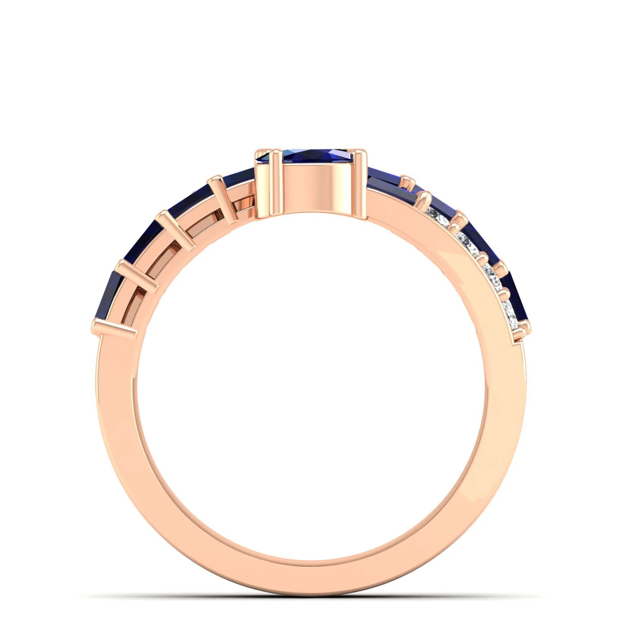 Three Row Oval and Baguette Sapphire and Diamond Spiral Ring