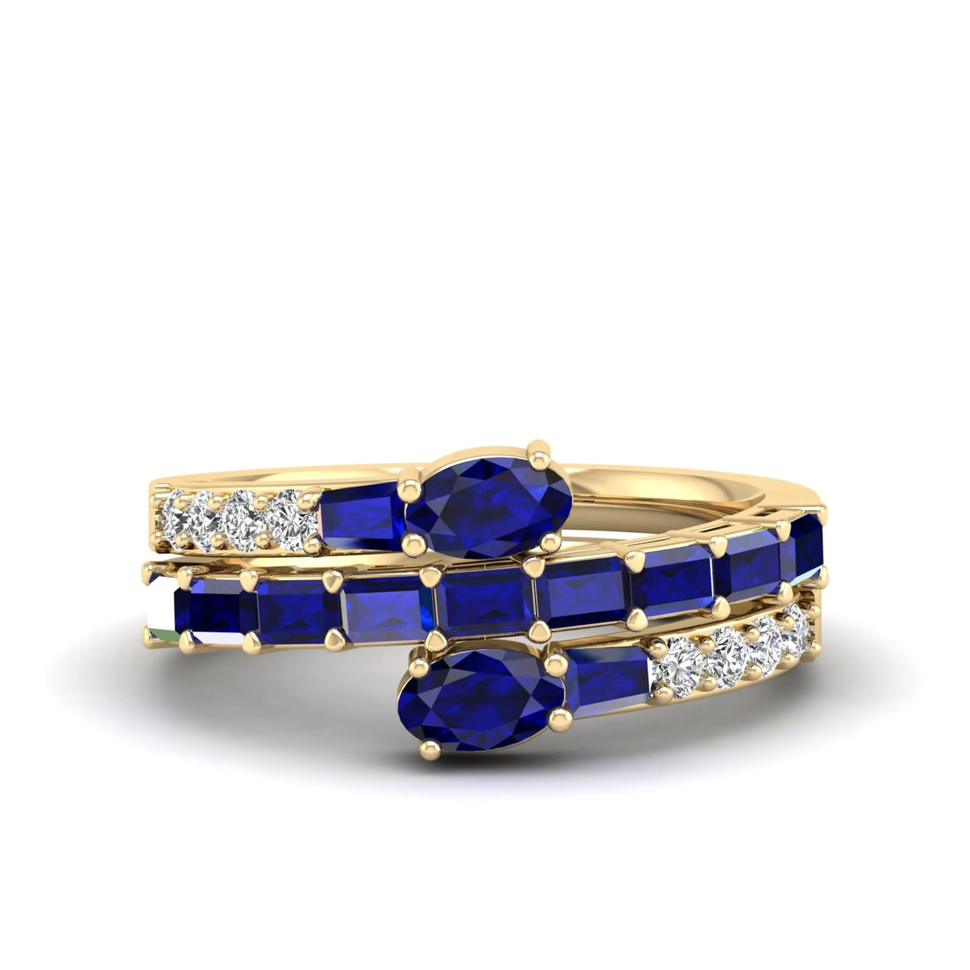 Three Row Oval and Baguette Sapphire and Diamond Spiral Ring