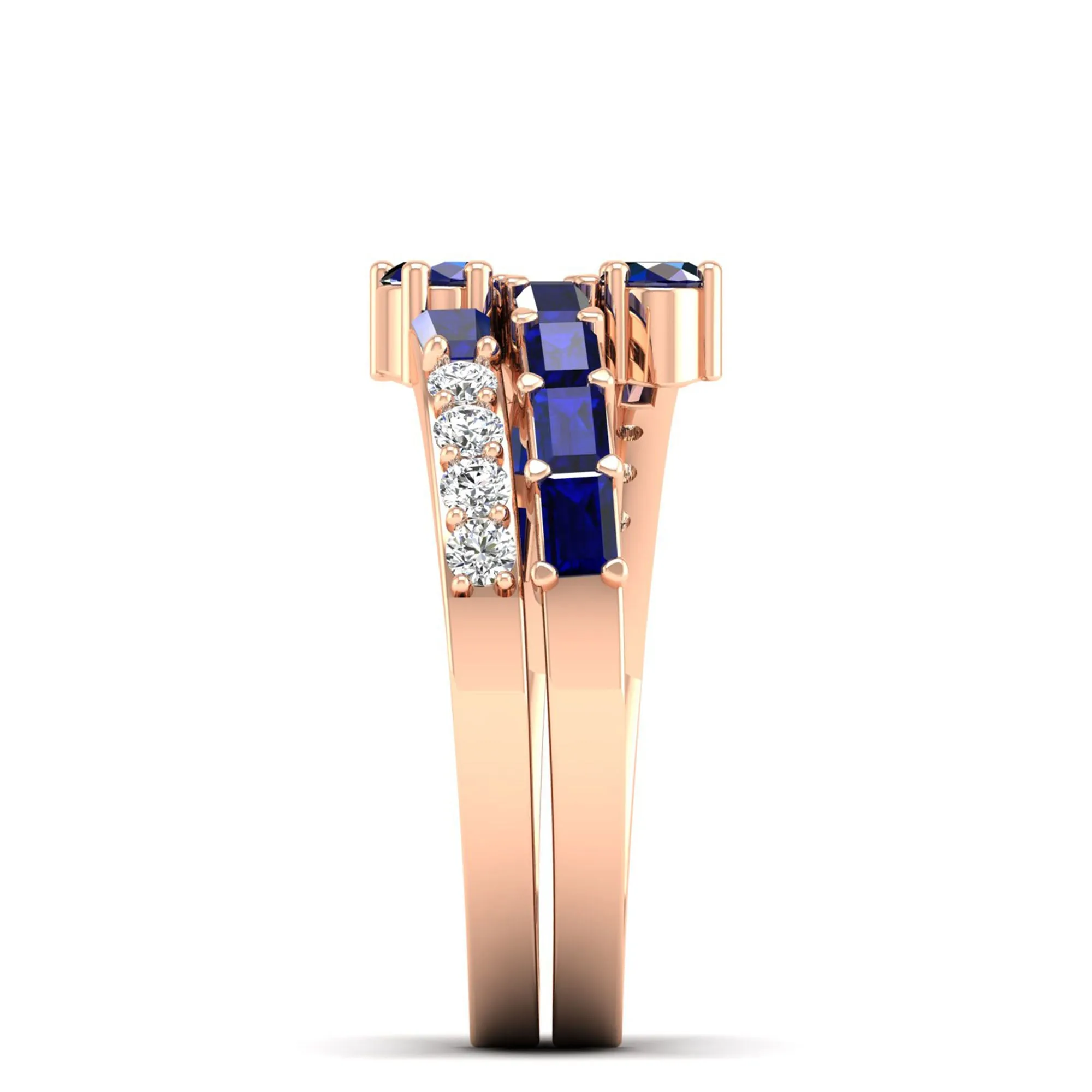 Three Row Oval and Baguette Sapphire and Diamond Spiral Ring