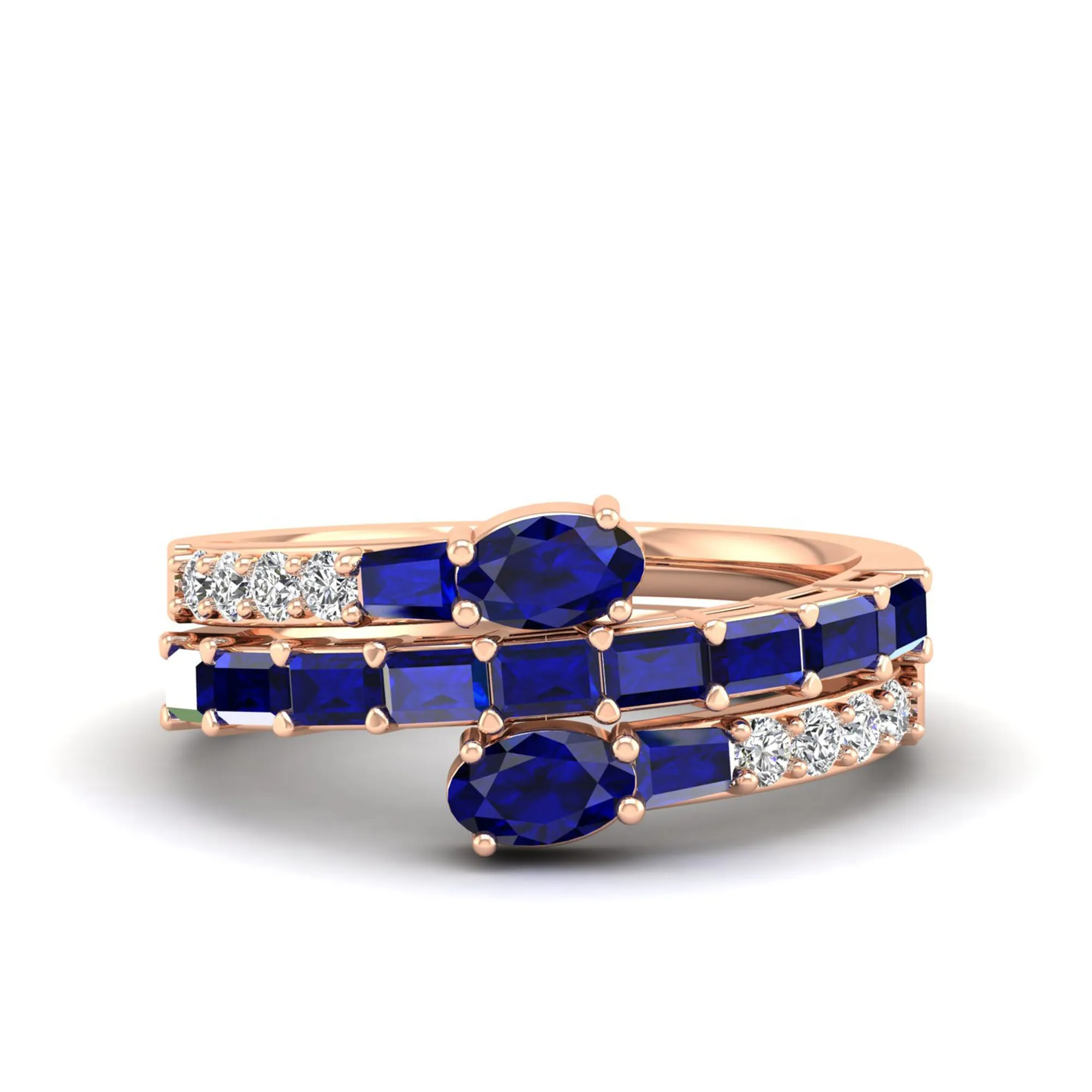 Three Row Oval and Baguette Sapphire and Diamond Spiral Ring