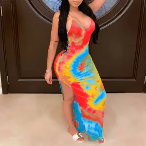 Tie Dye Print Deep V-Neck High Split Maxi Dress