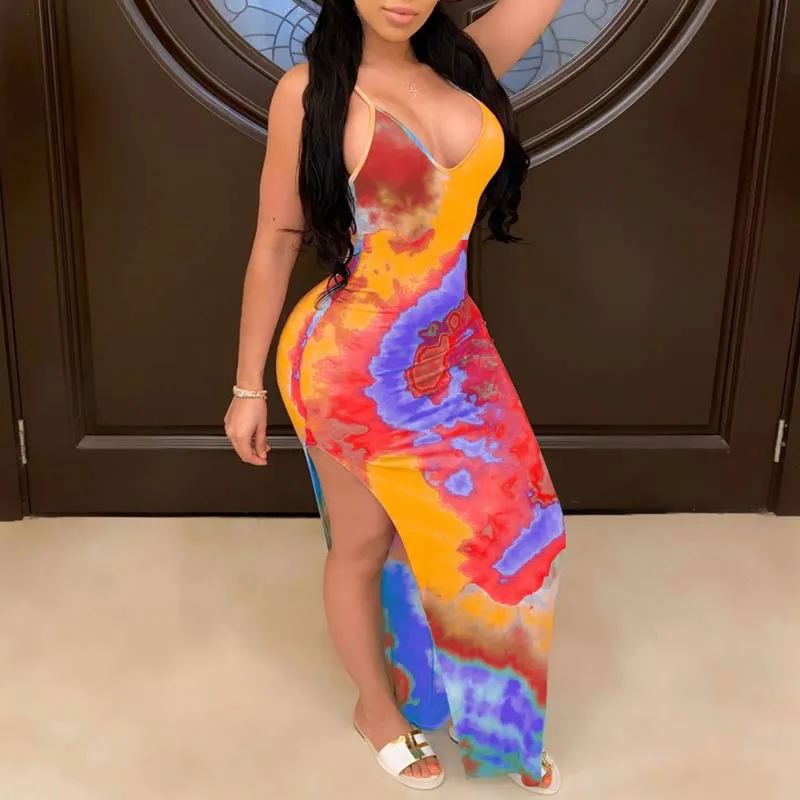 Tie Dye Print Deep V-Neck High Split Maxi Dress