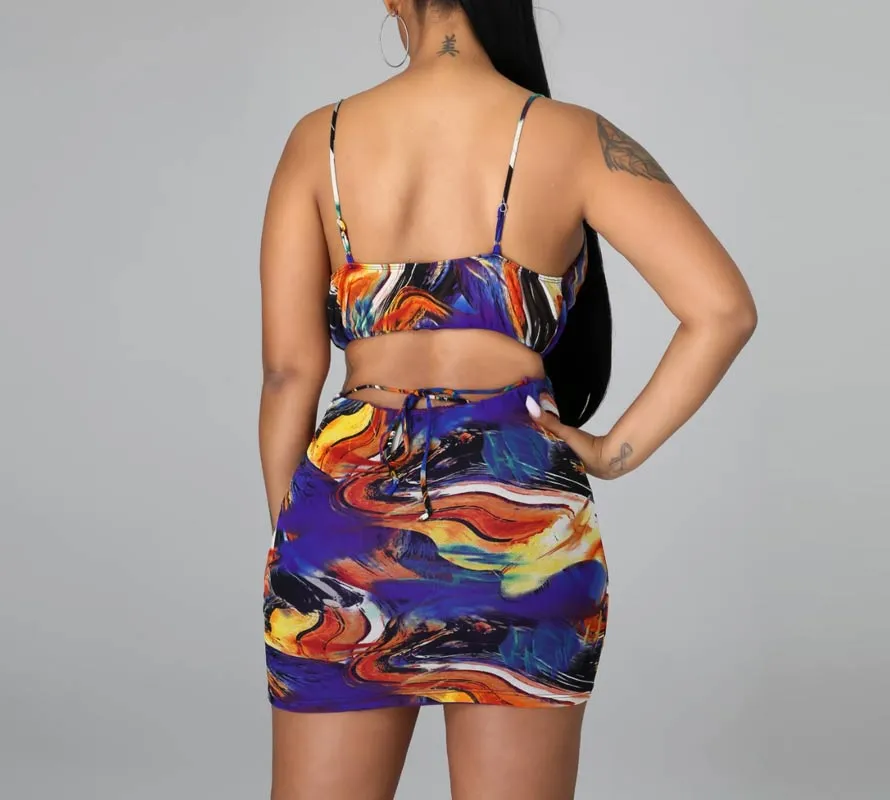 Tie Dye Print Sleeveless Hollow Out Bodycon Dress