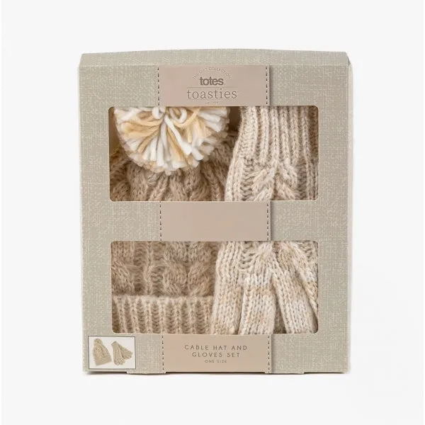 Totes Toasties COLD WEATHER Womens Cable Knit Hat And Gloves Set Cream: