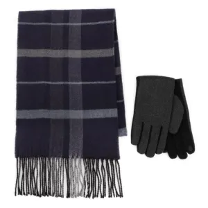 Totes Toasties WOOL BLEND Check Scarf and Thermal Lined Glove Set Mens Navy/Multi