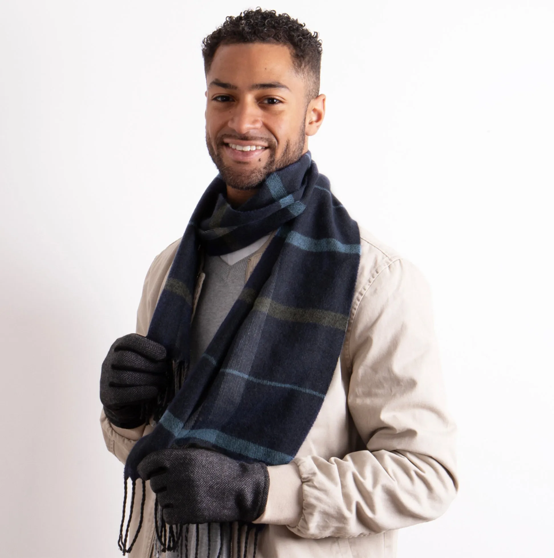Totes Toasties WOOL BLEND Check Scarf and Thermal Lined Glove Set Mens Navy/Multi