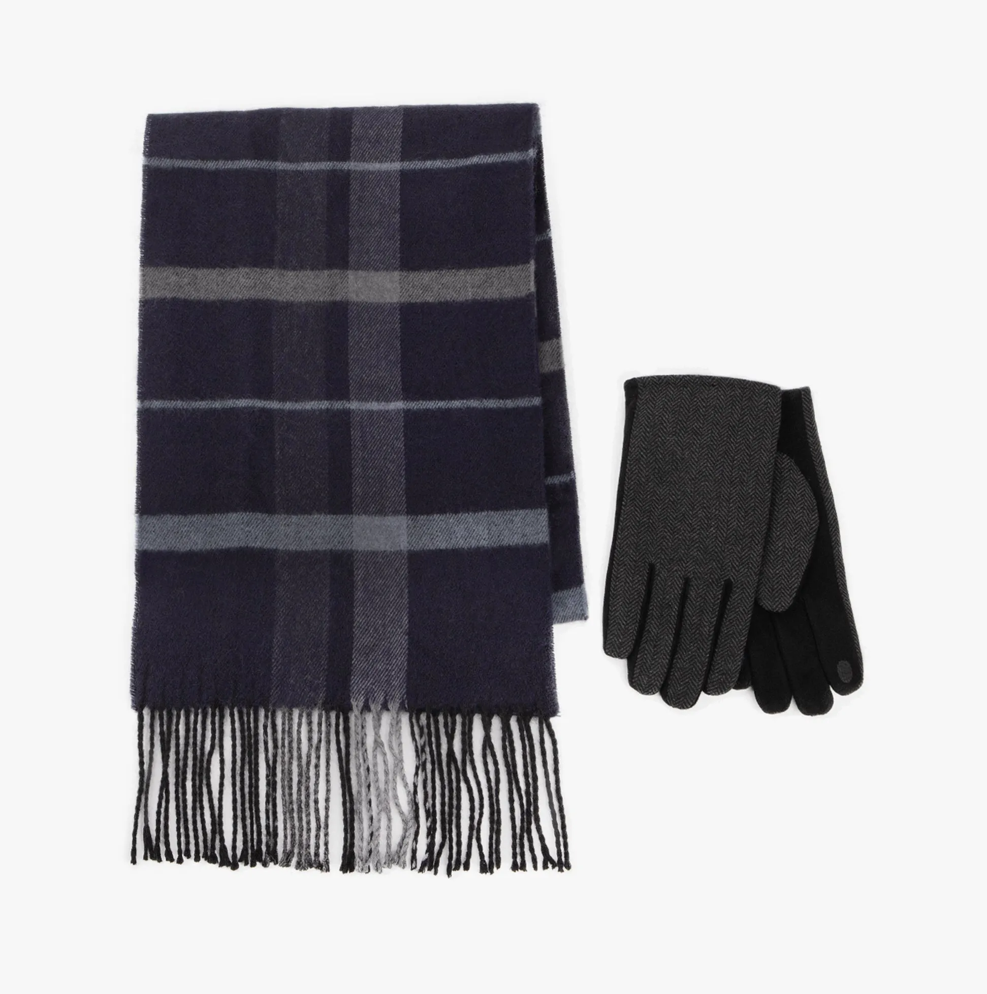 Totes Toasties WOOL BLEND Check Scarf and Thermal Lined Glove Set Mens Navy/Multi