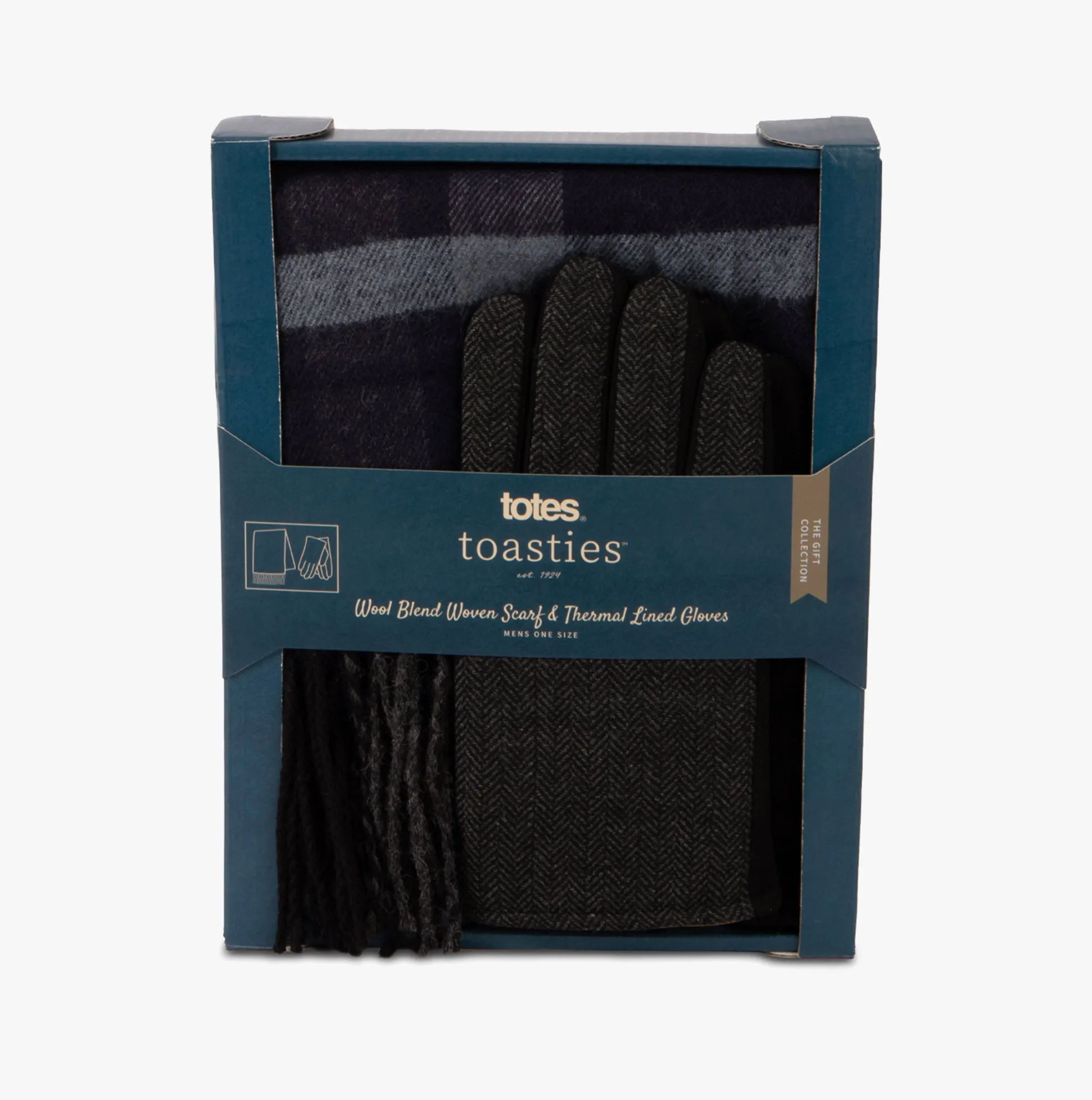 Totes Toasties WOOL BLEND Check Scarf and Thermal Lined Glove Set Mens Navy/Multi