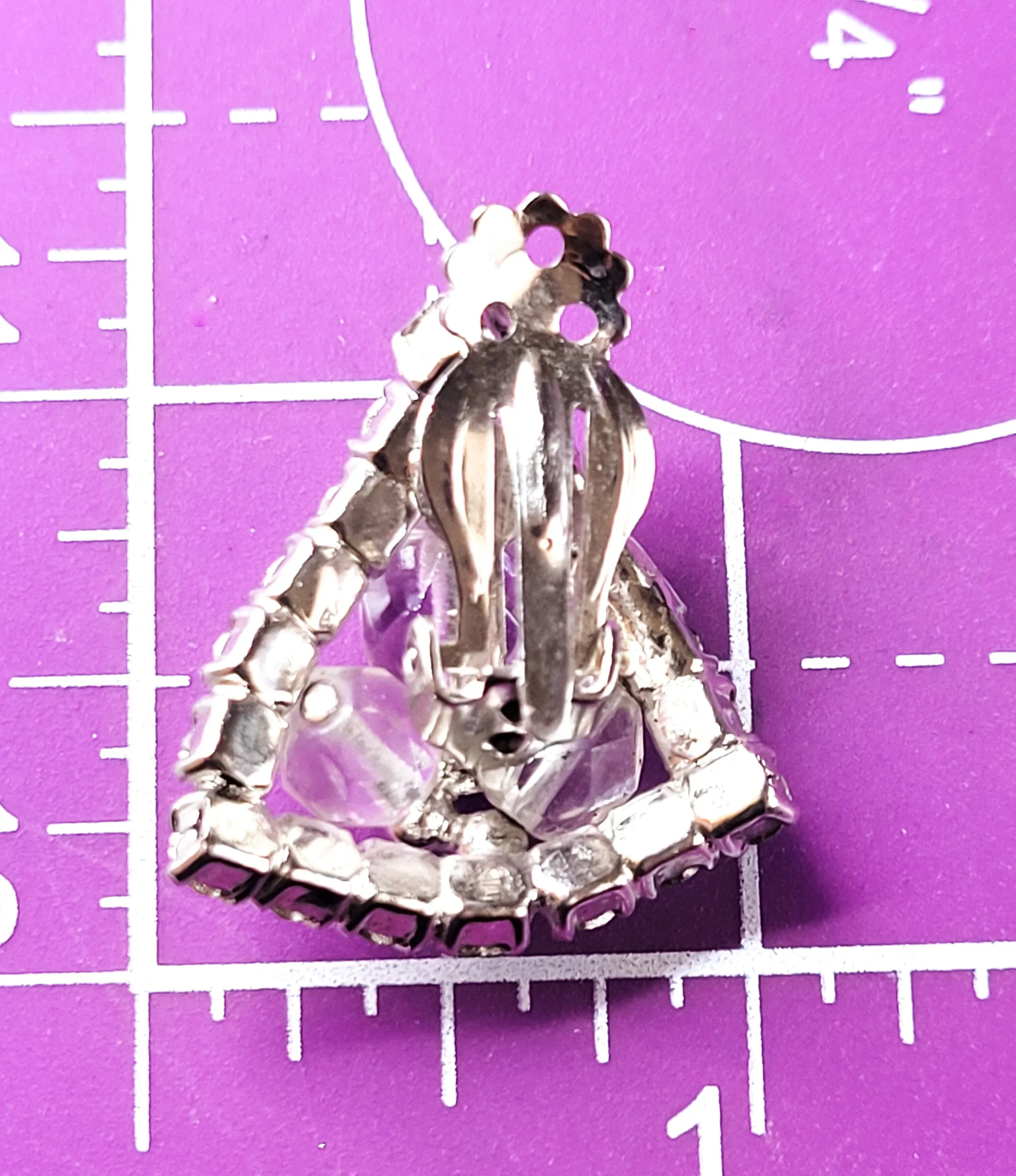 Trillium beaded triangle and clear rhinestone vintage cluster clip on earrings mid century