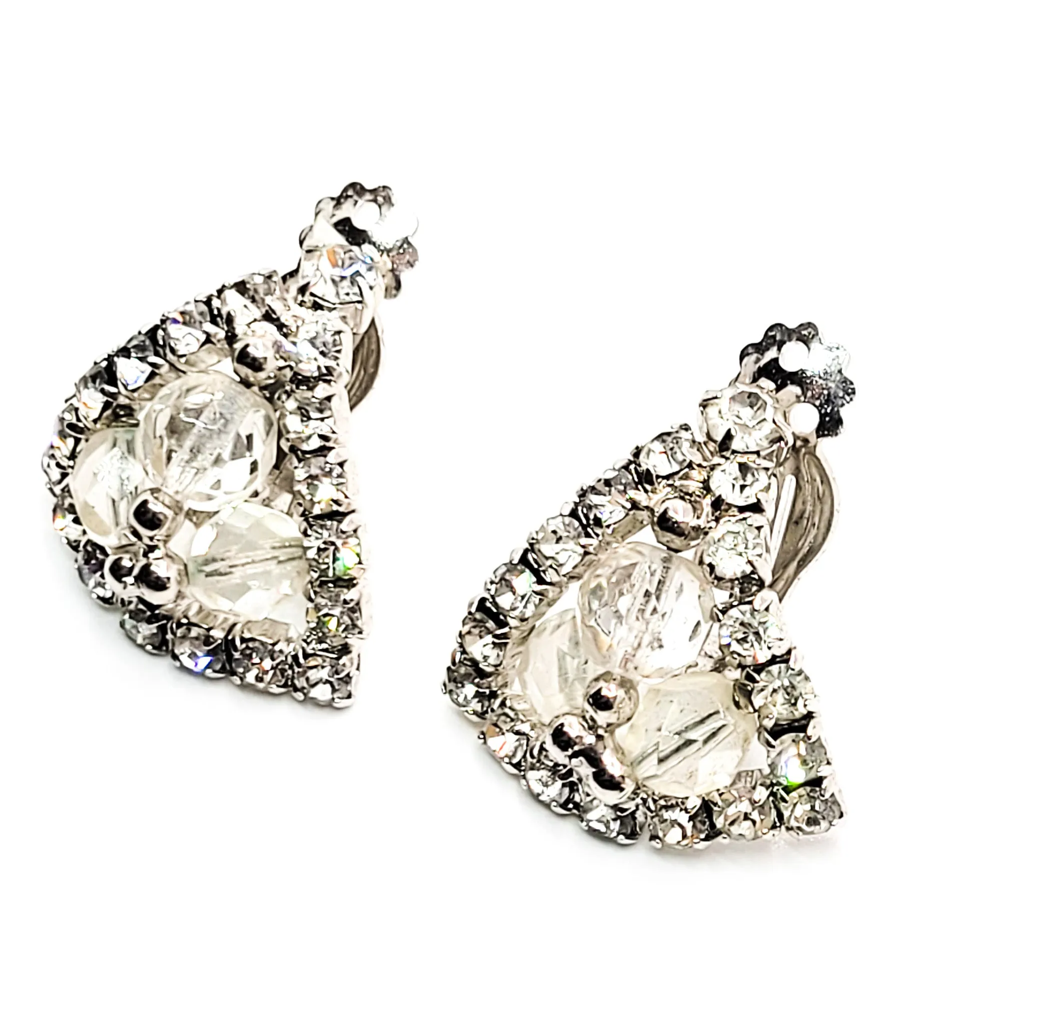 Trillium beaded triangle and clear rhinestone vintage cluster clip on earrings mid century