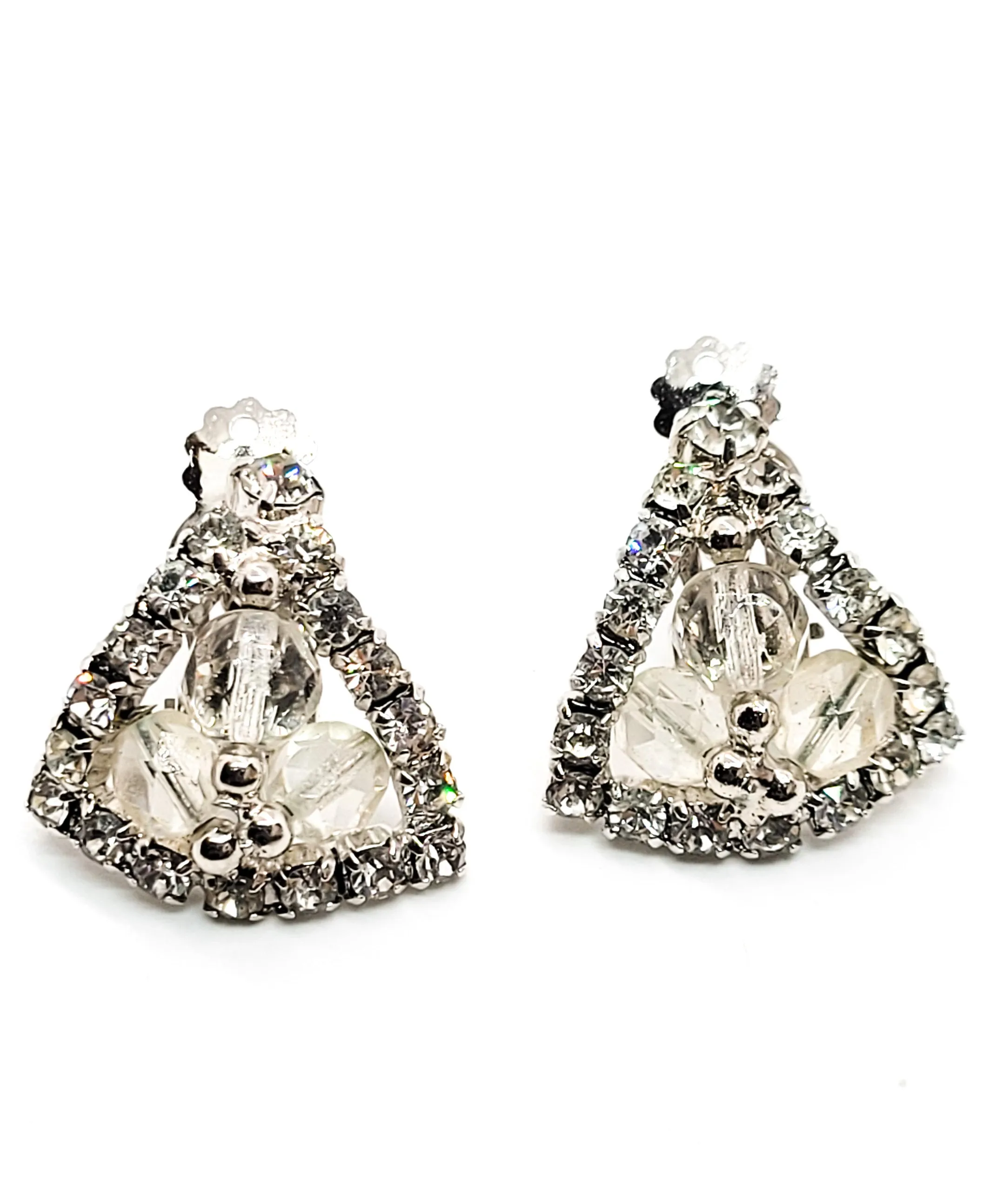 Trillium beaded triangle and clear rhinestone vintage cluster clip on earrings mid century