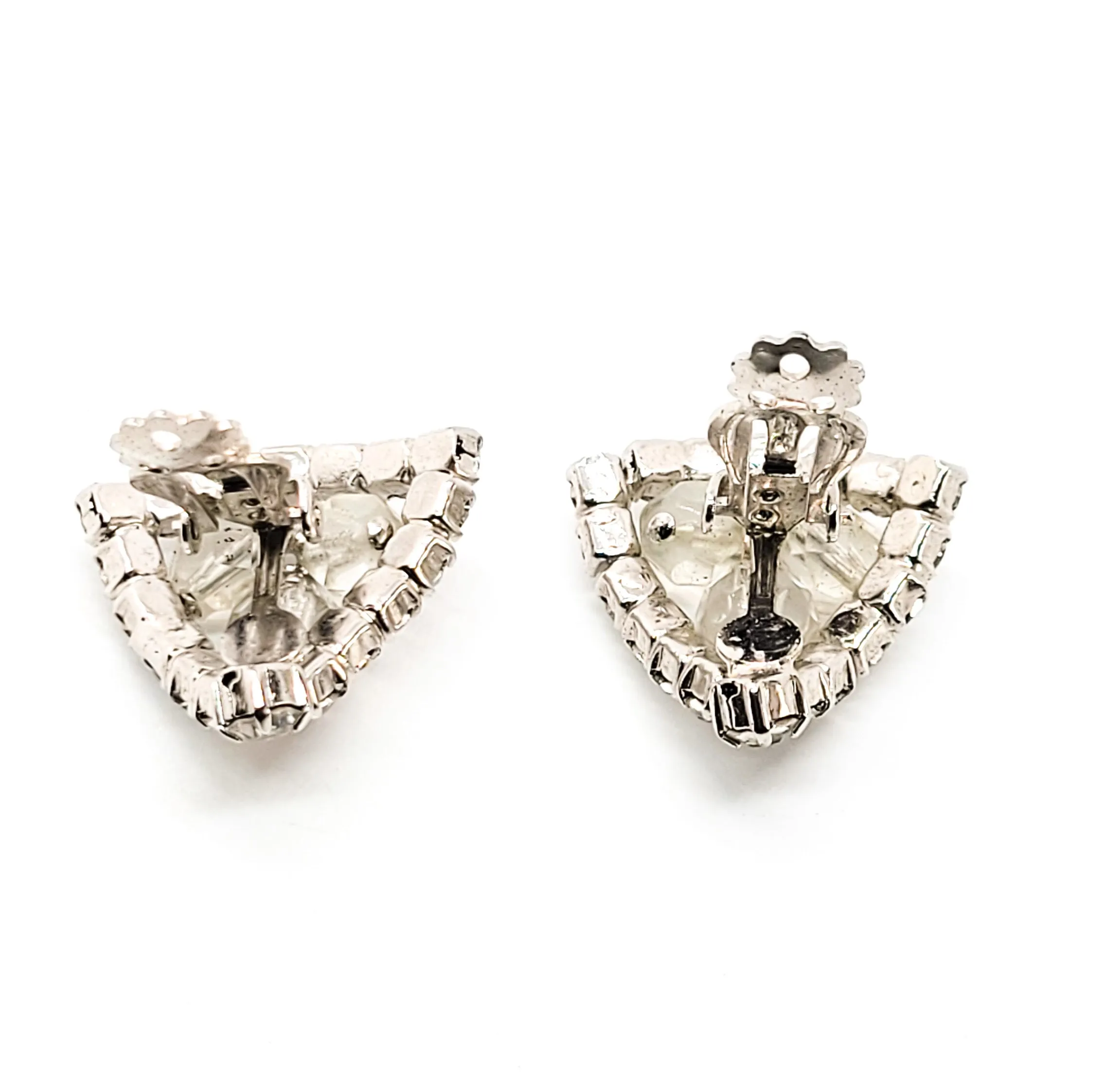 Trillium beaded triangle and clear rhinestone vintage cluster clip on earrings mid century