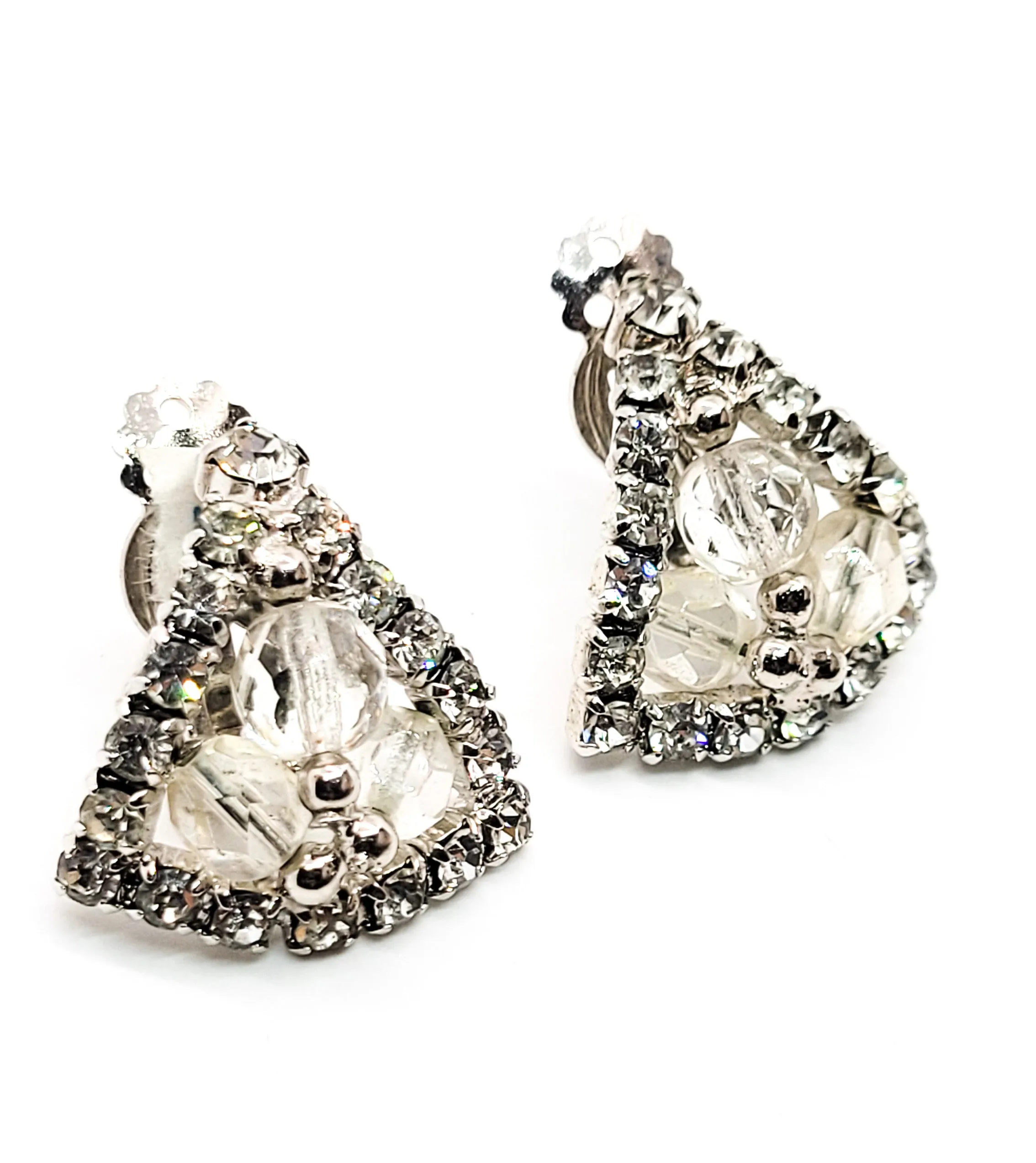 Trillium beaded triangle and clear rhinestone vintage cluster clip on earrings mid century