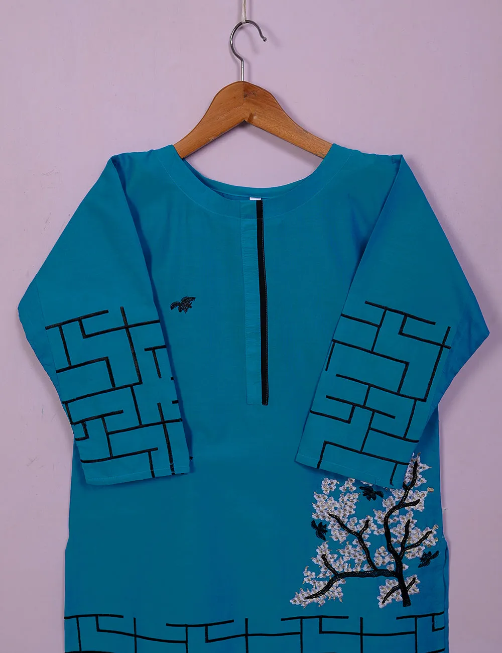 TS-112A-Blue - Cotton Embroidered Stitched Kurti