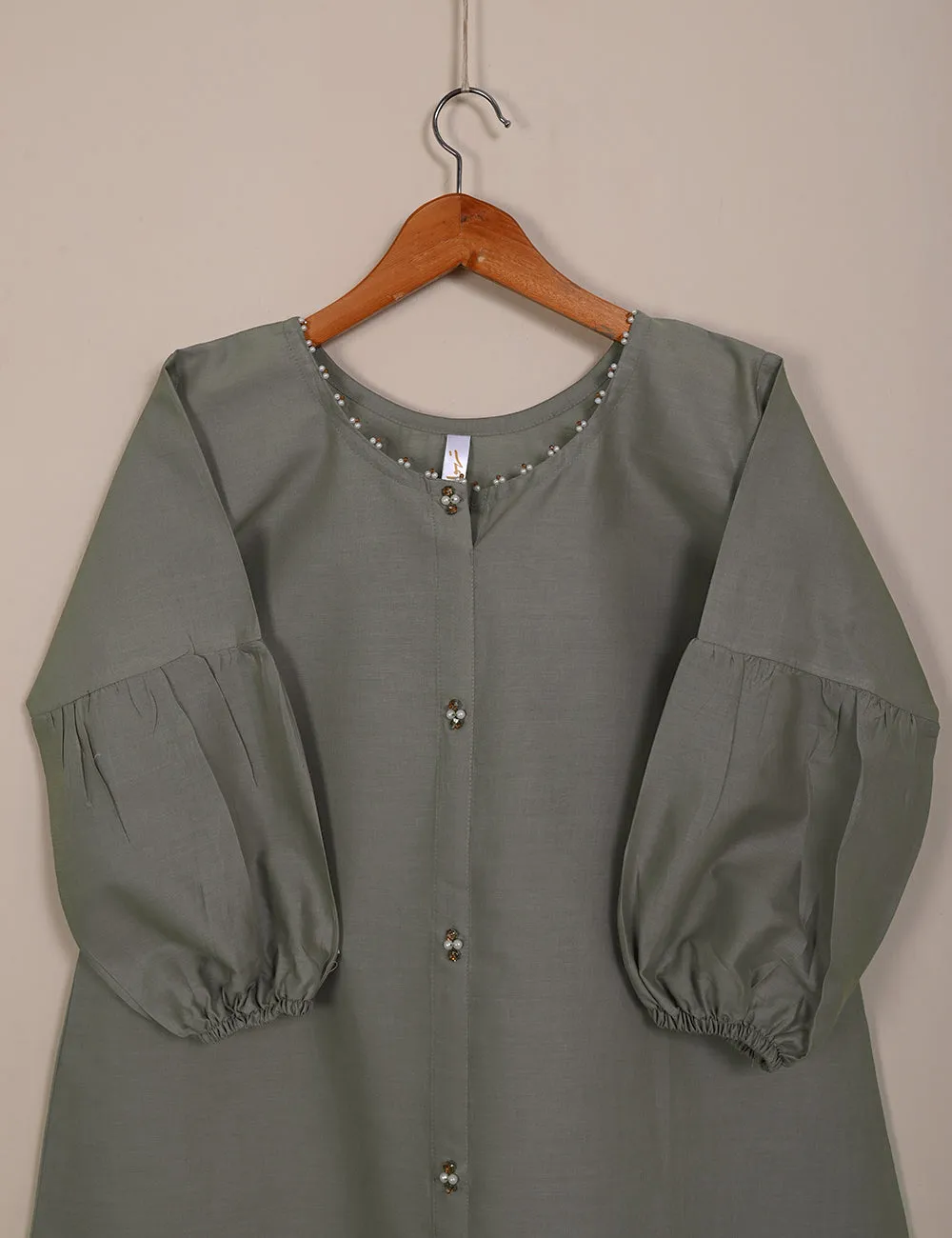 TS-134-GreeenishGrey - Cotton Open Button Kurti