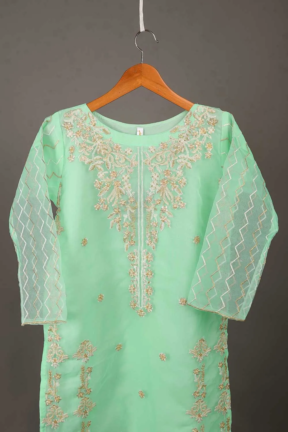 TS-202A-AquaGreen - Organza Embroidered Kurti