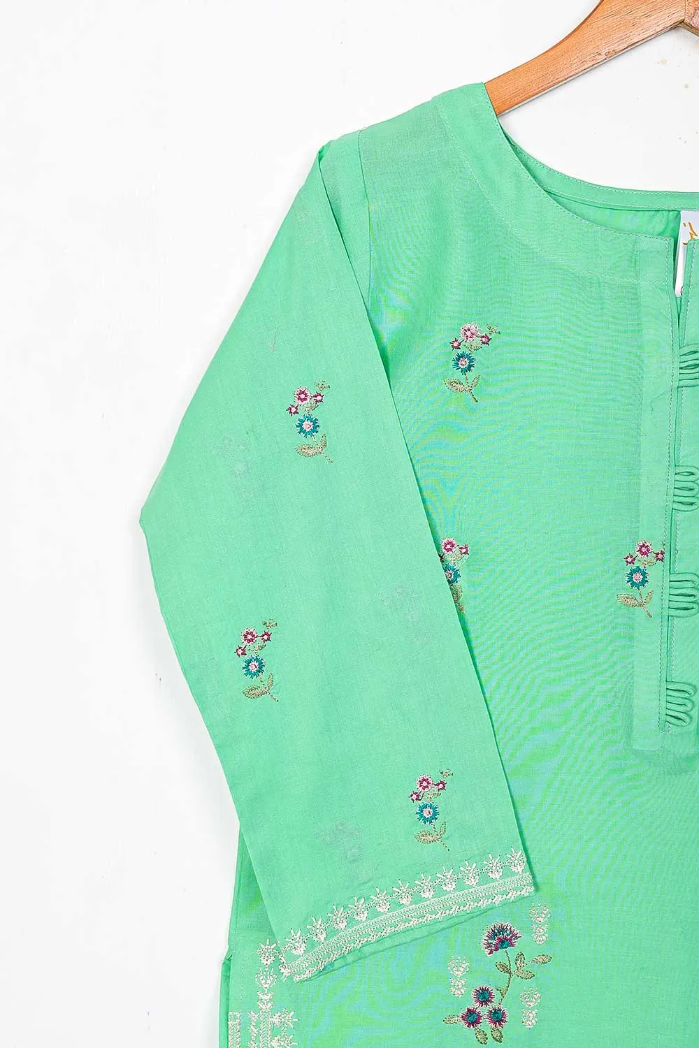 TS-225B-Green - Cotton Embroidered Stitched Kurti