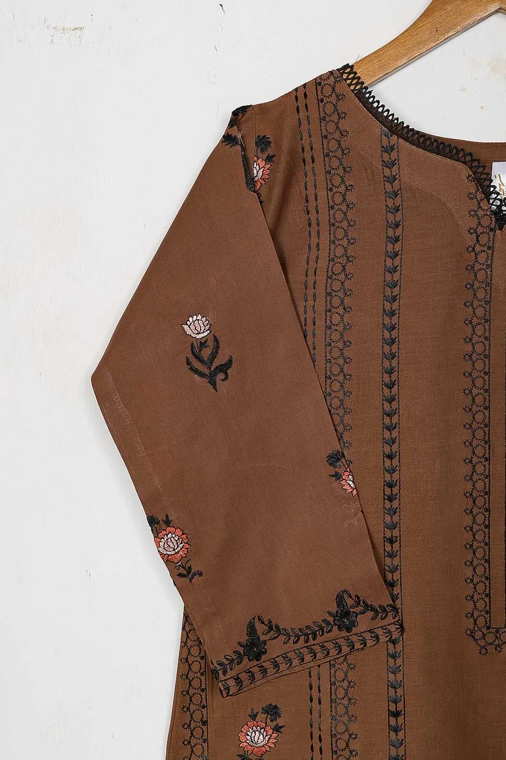 TS-227B-Brown - Cotton Embroidered Stitched Kurti