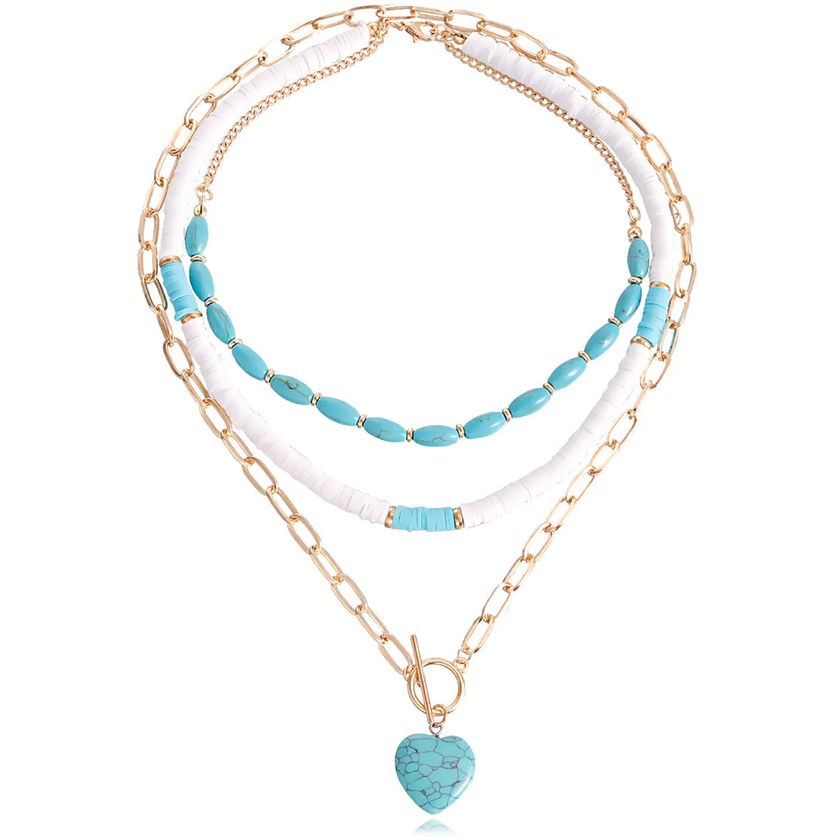 Turquoise & White Polymer Clay 18K Gold-Plated Heart Layered Pendant Necklace Set