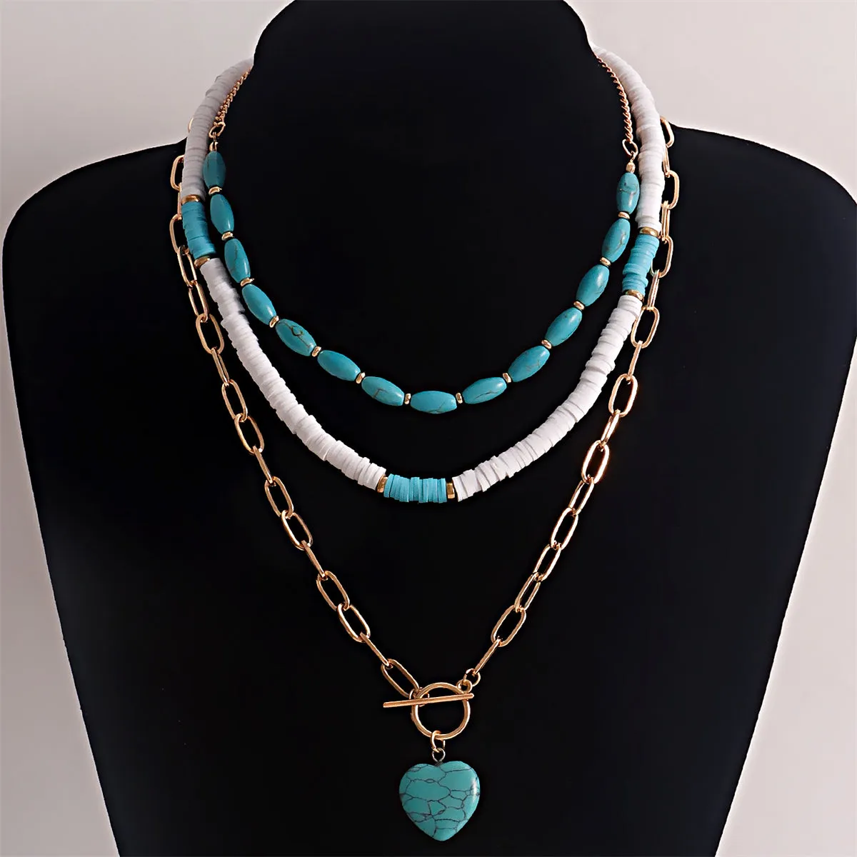 Turquoise & White Polymer Clay 18K Gold-Plated Heart Layered Pendant Necklace Set