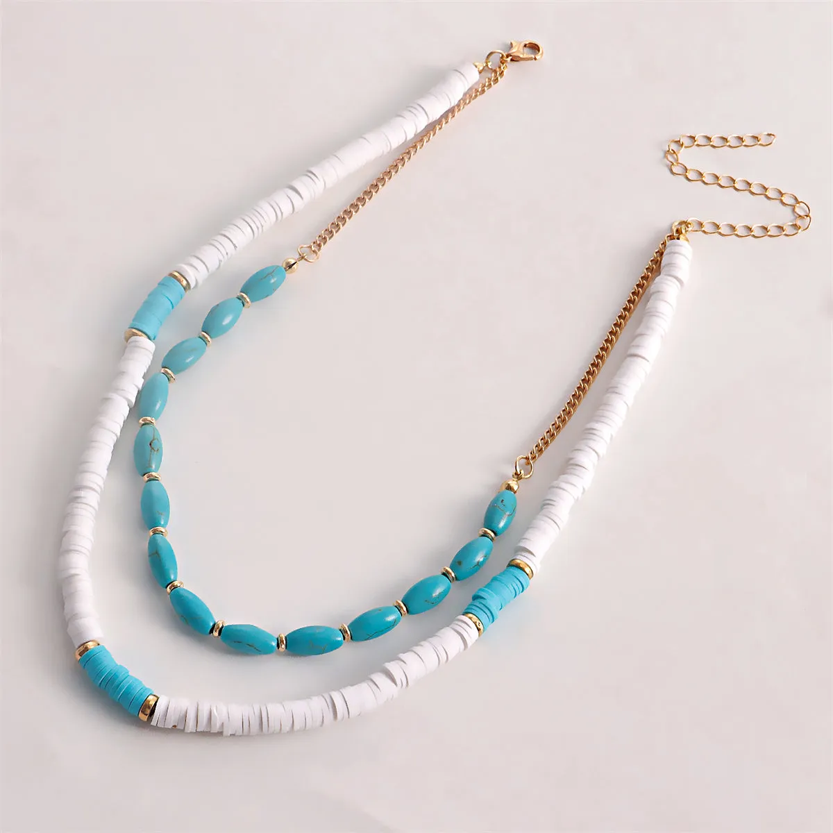 Turquoise & White Polymer Clay 18K Gold-Plated Heart Layered Pendant Necklace Set