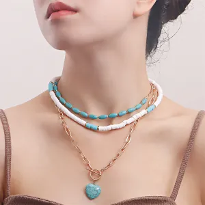 Turquoise & White Polymer Clay 18K Gold-Plated Heart Layered Pendant Necklace Set