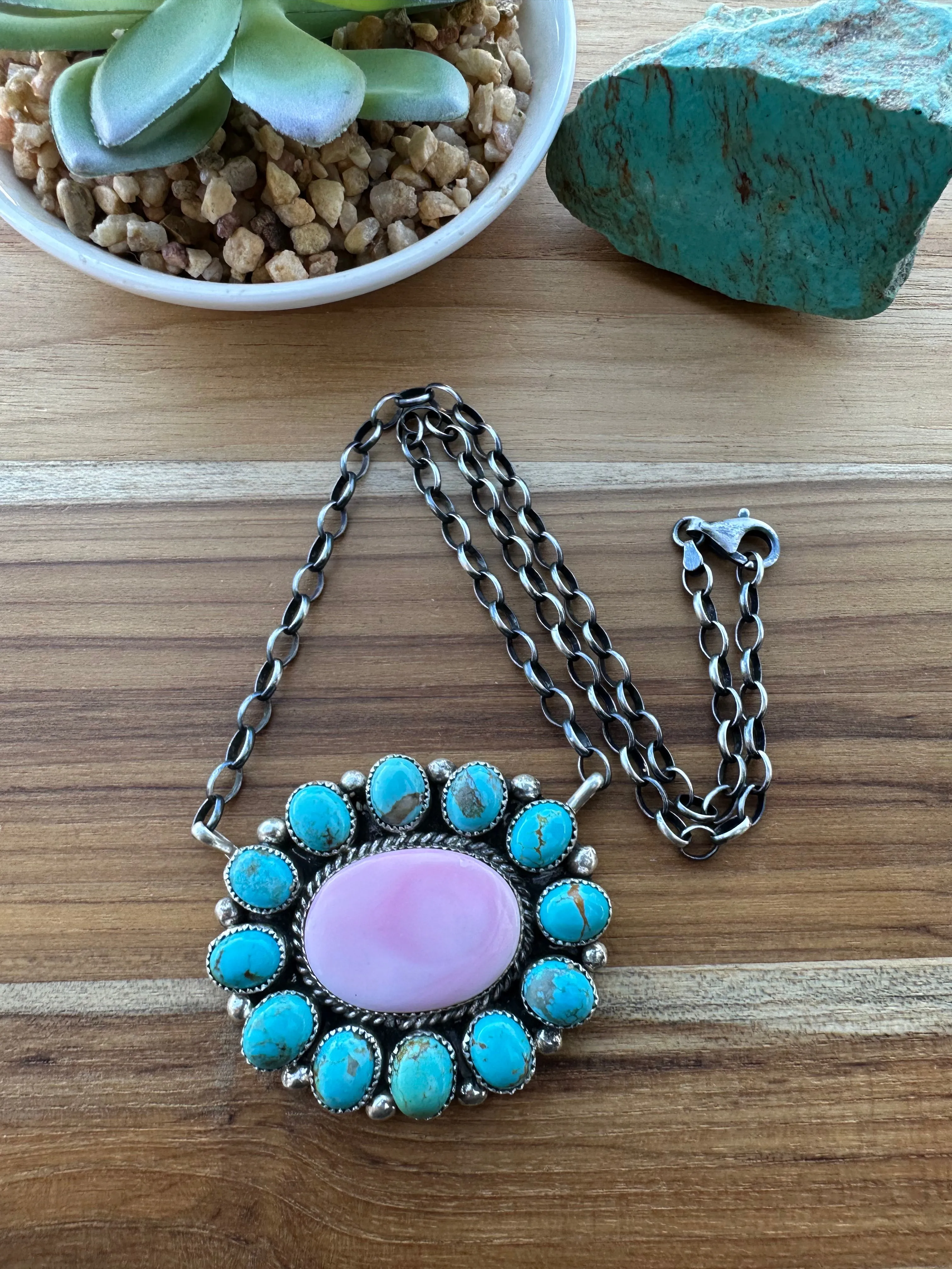Turquoise and Pink Conch Fixed Pendant Necklace