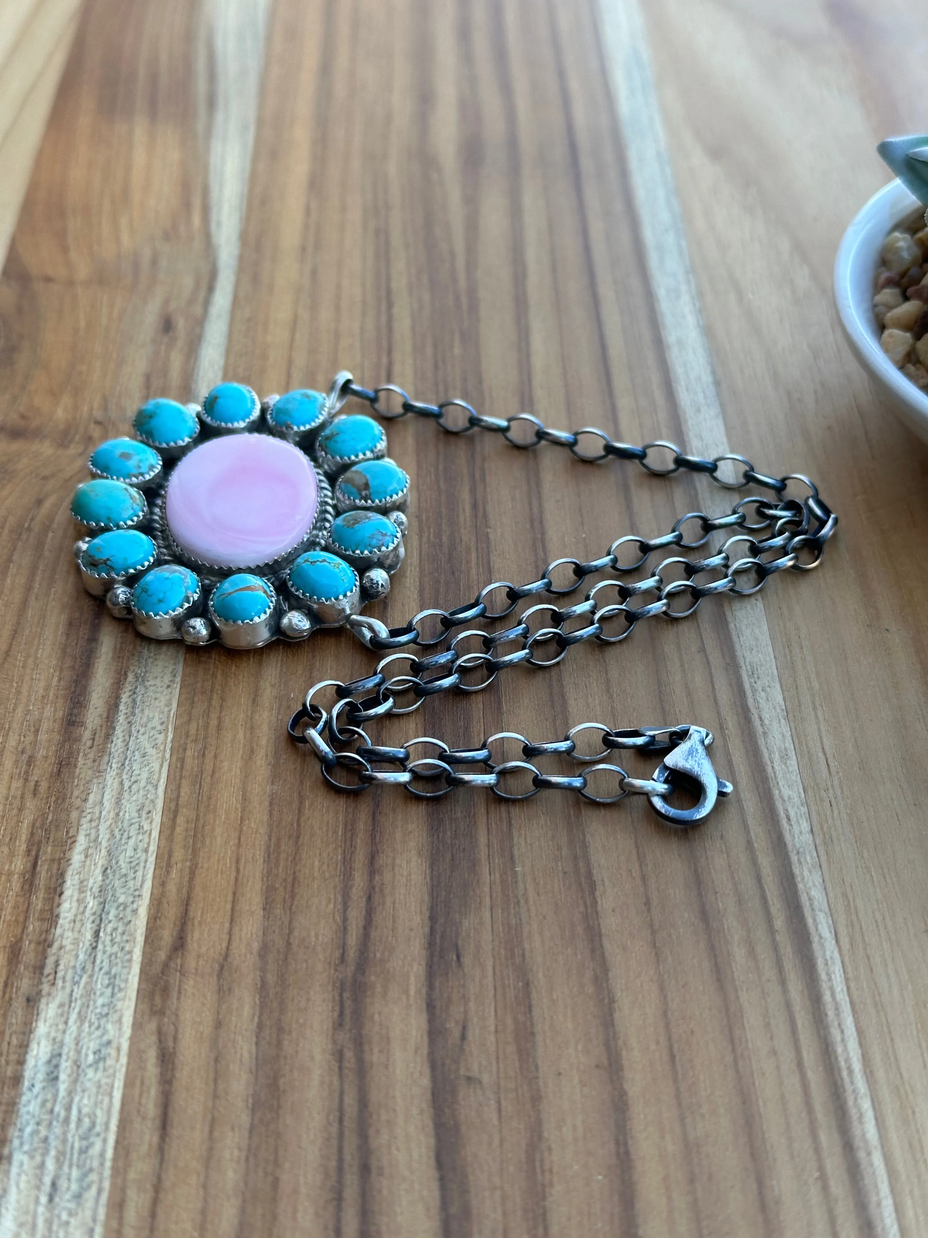 Turquoise and Pink Conch Fixed Pendant Necklace