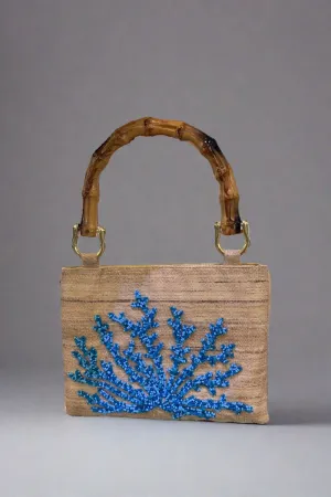 Turquoise Beaded Bag with Bamboo Handle