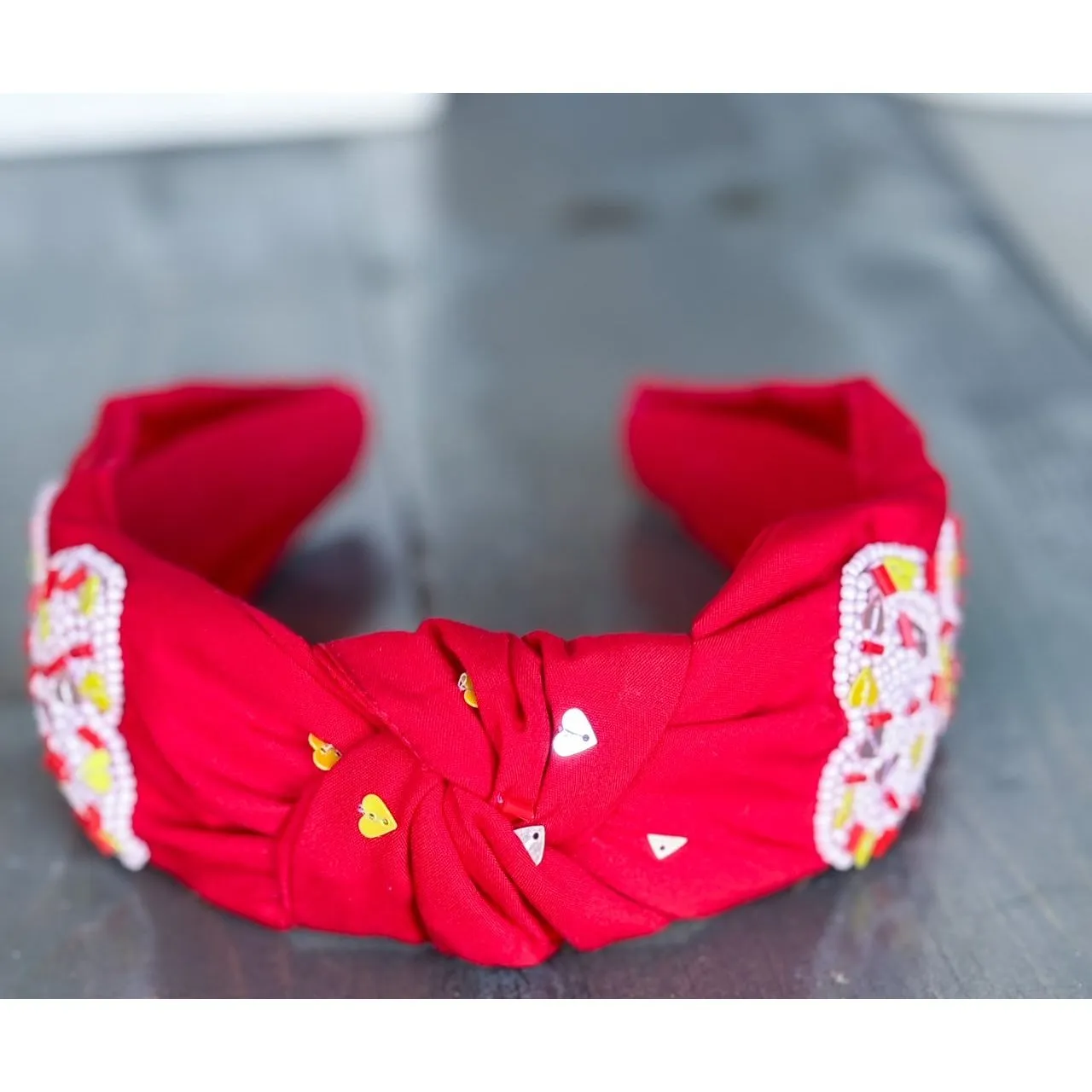 Valentine's Day Seed Beaded Sequin Confetti Hearts Top Knot Red and Pink Headband