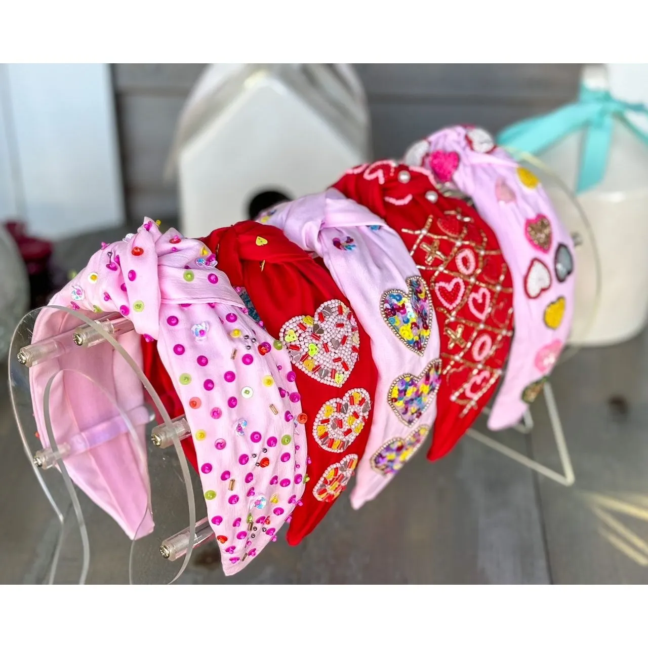 Valentine's Day Seed Beaded Sequin Confetti Hearts Top Knot Red and Pink Headband