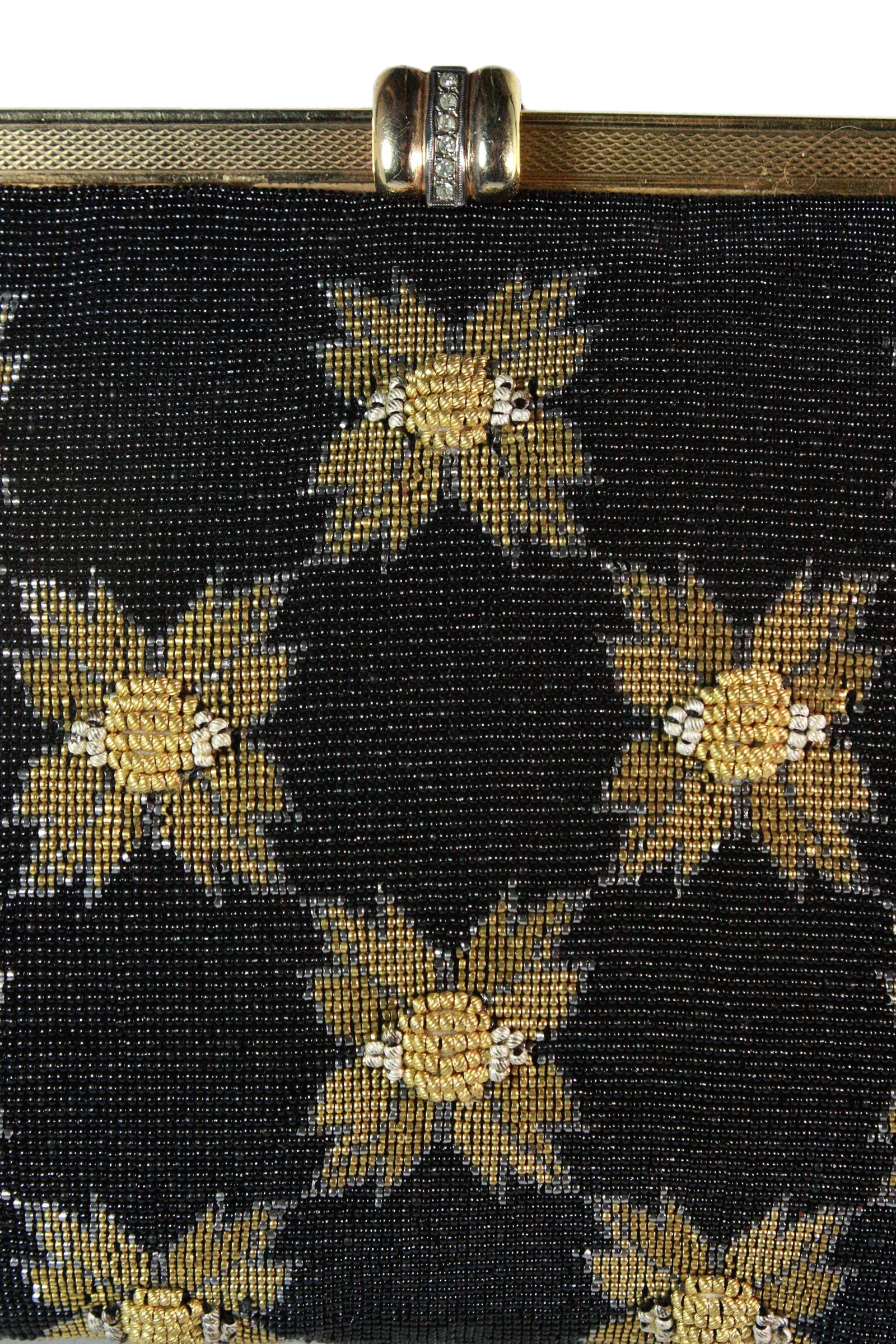 VINTAGE 1950s Black & Gold Caviar Beaded Floral Evening Purse