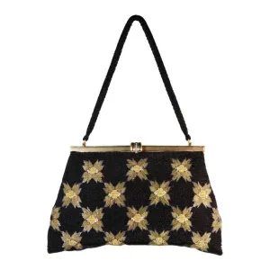 VINTAGE 1950s Black & Gold Caviar Beaded Floral Evening Purse