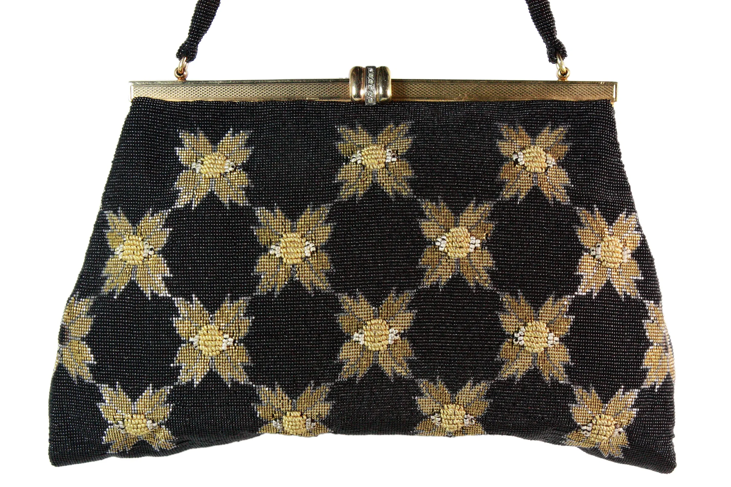 VINTAGE 1950s Black & Gold Caviar Beaded Floral Evening Purse