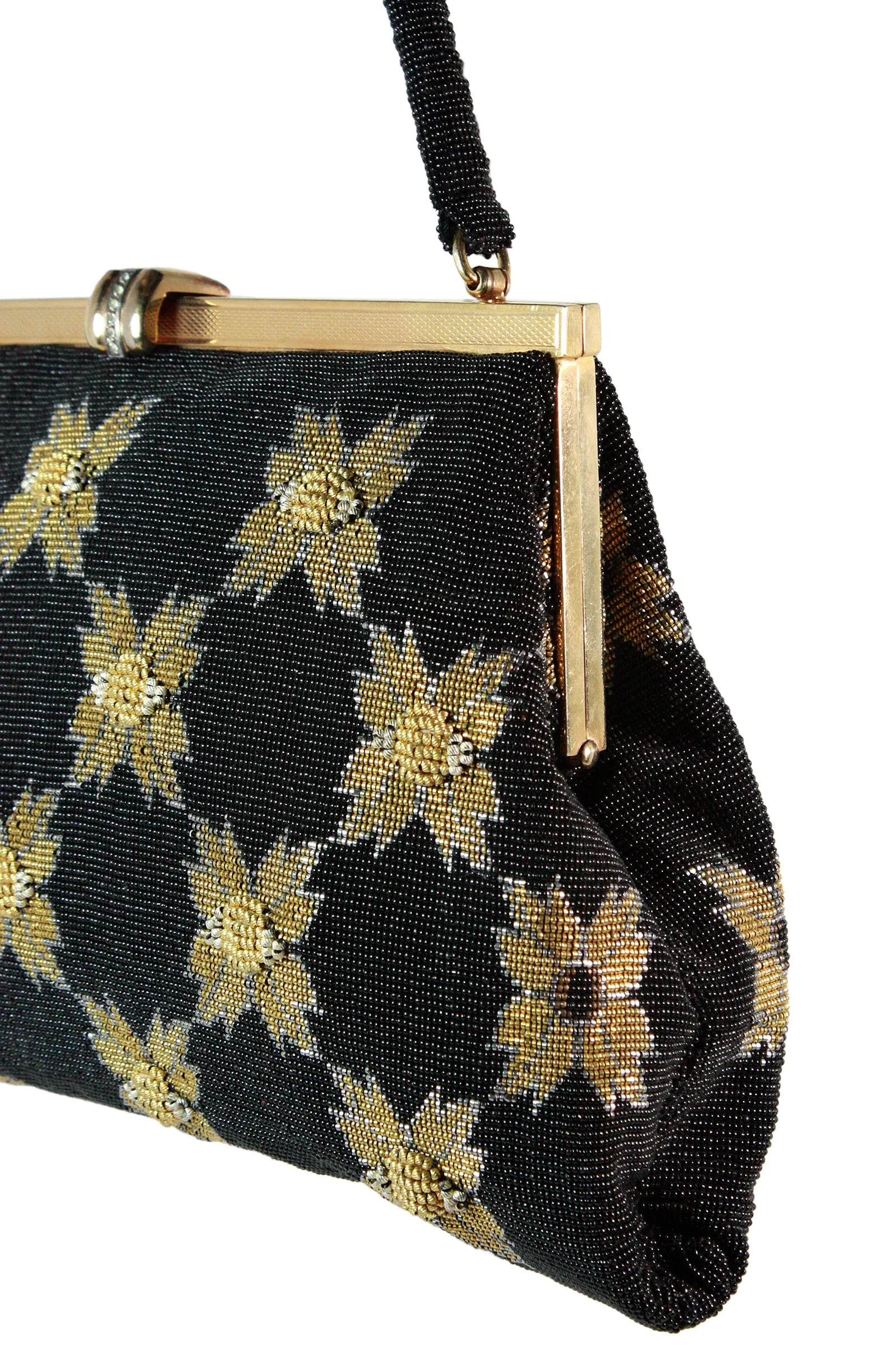 VINTAGE 1950s Black & Gold Caviar Beaded Floral Evening Purse