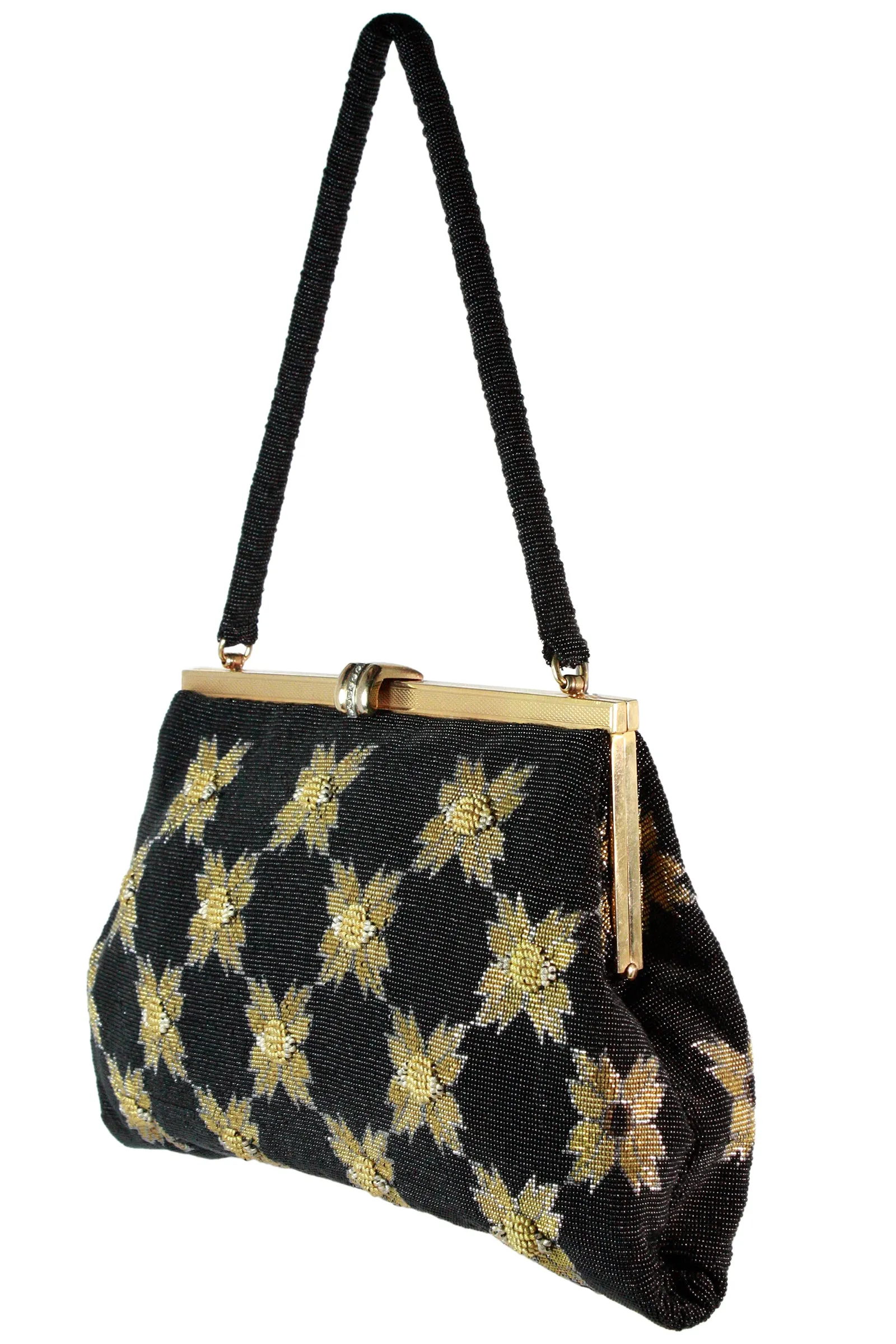VINTAGE 1950s Black & Gold Caviar Beaded Floral Evening Purse
