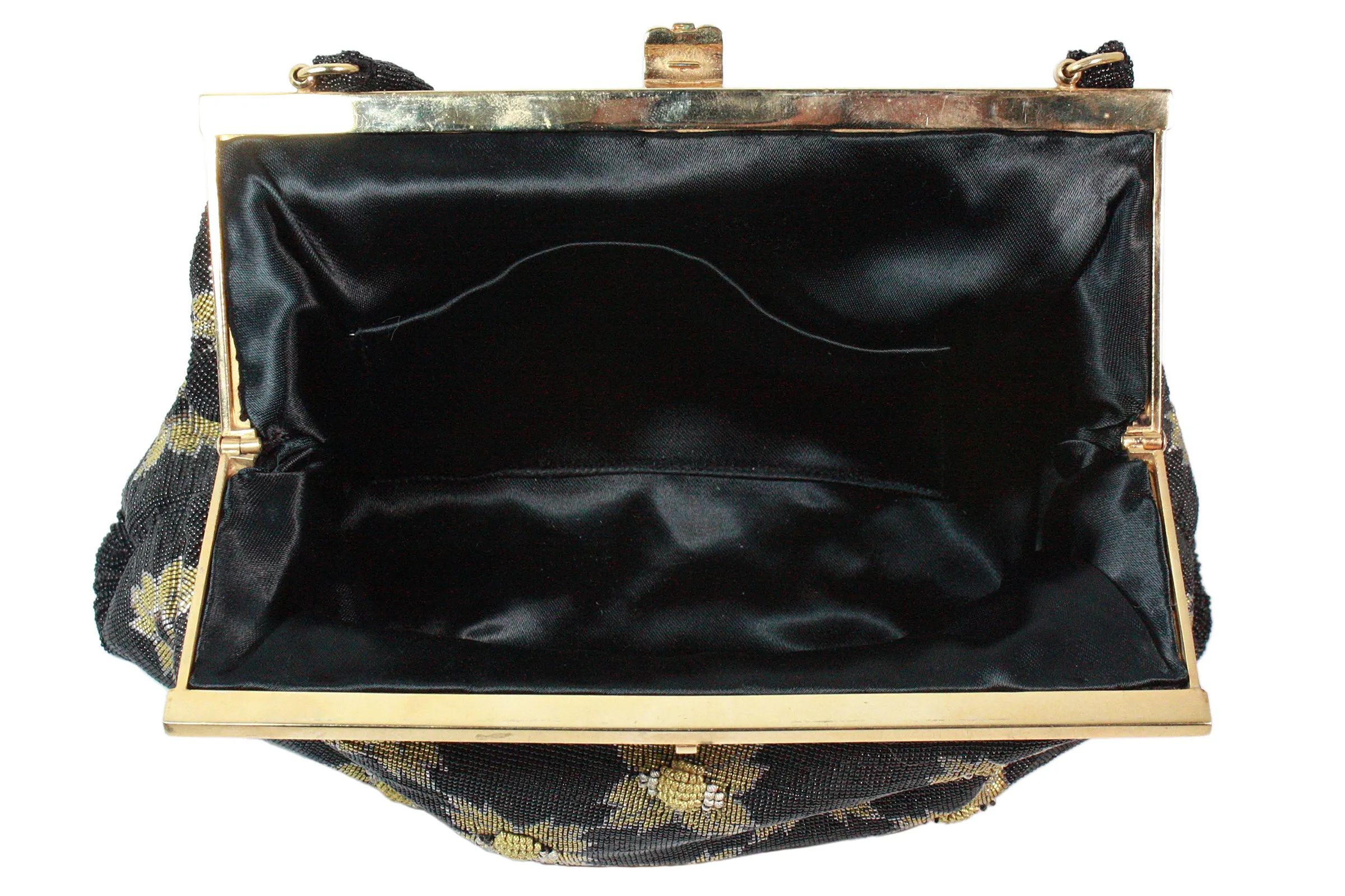 VINTAGE 1950s Black & Gold Caviar Beaded Floral Evening Purse