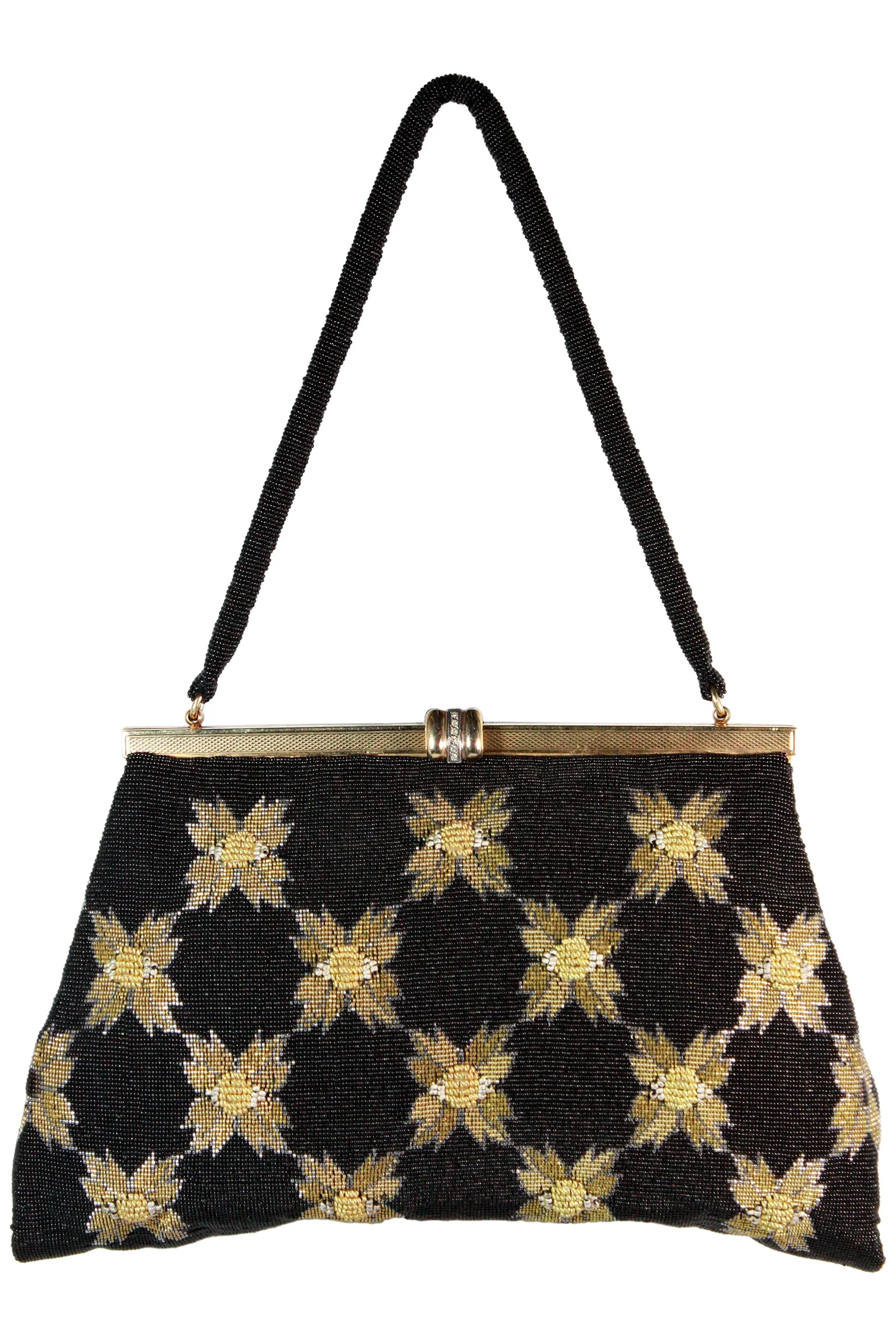 VINTAGE 1950s Black & Gold Caviar Beaded Floral Evening Purse